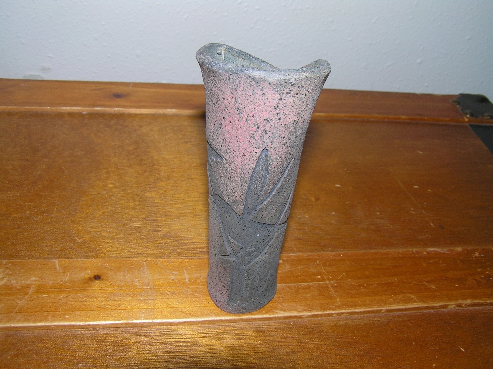 Estate Handcrafted Midnight Blue with Pink Bird Perched on Flower Grass Pottery 