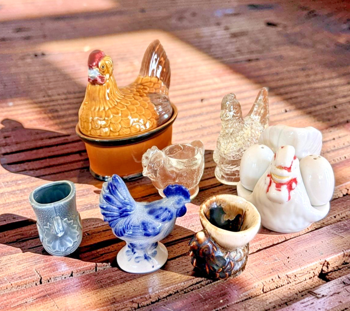 VTG Instant Chicken Hen Collection Lot of 7 HON Salt Glaze Glass Ceramic Drip