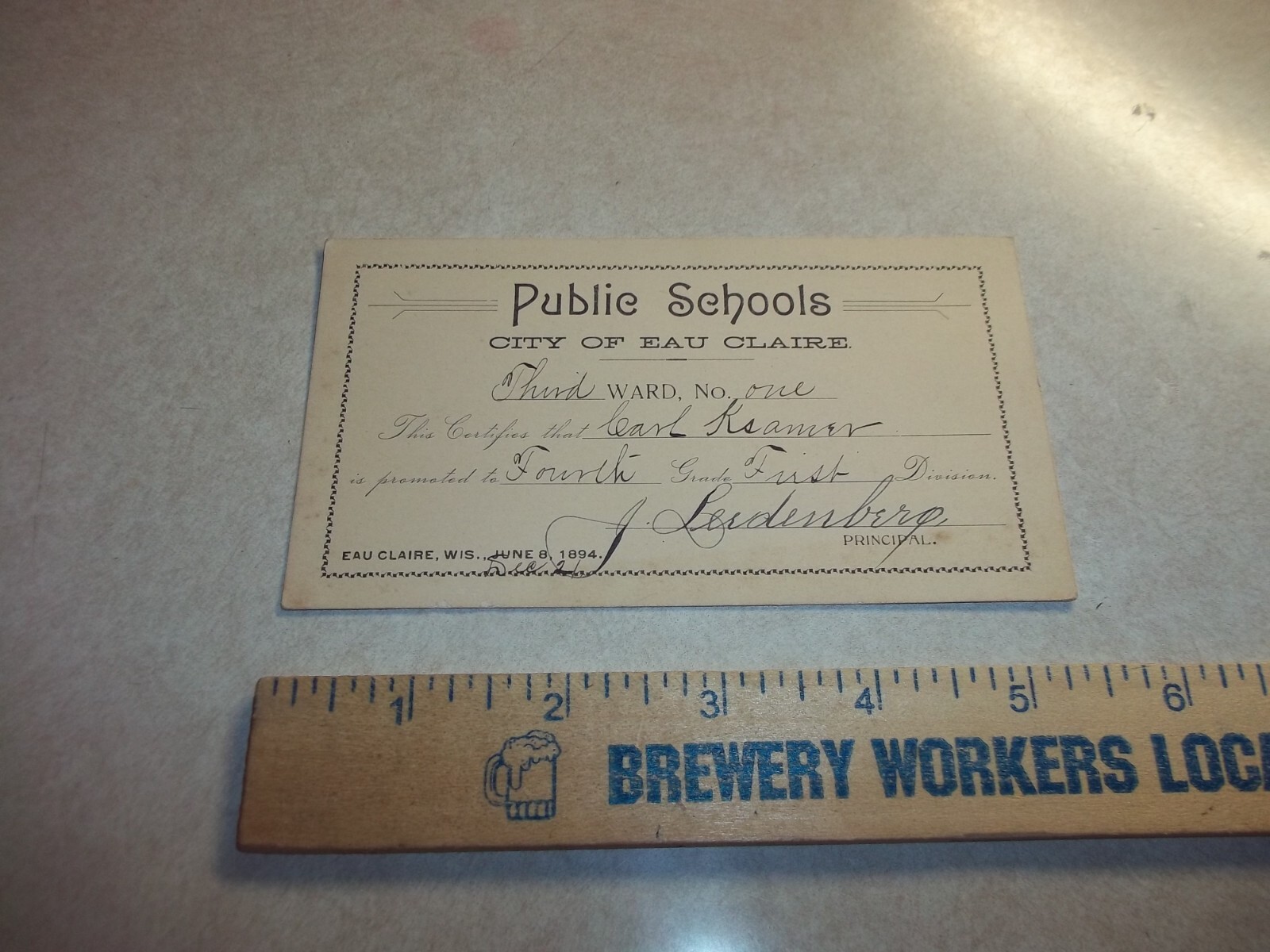 VINTAGE 1894 EAU CLAIRE PUBLIC SCHOOL PROMOTION DIPLOMA CARD Wisconsin Wi KRAMER