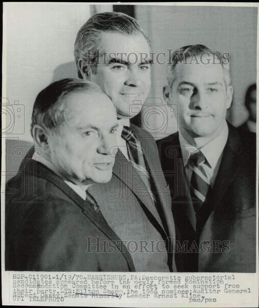 1970 Press Photo Milton Shapp, Robert Casey and Ernest Kline pose in Harrisburg