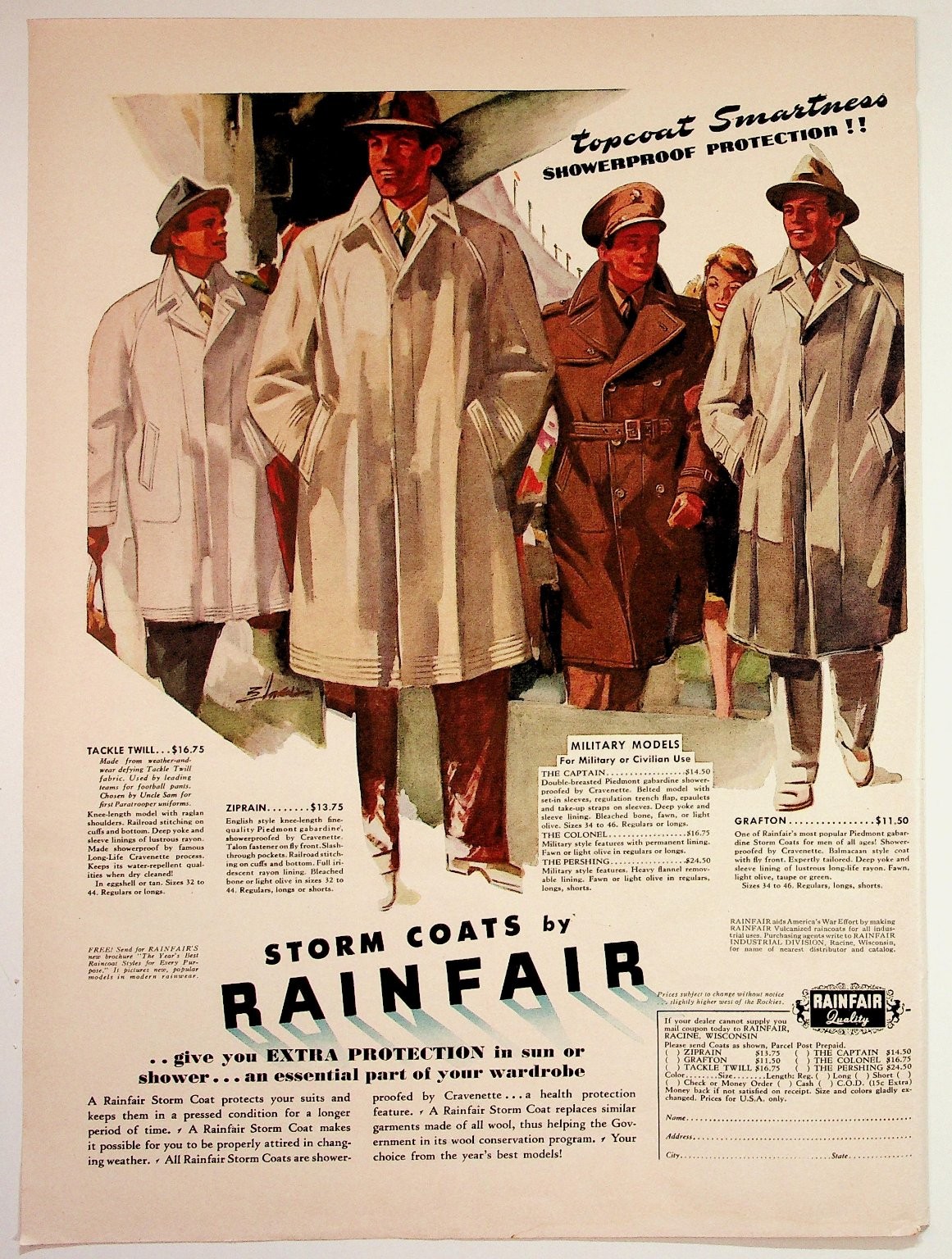 Vtg 1940s Rainfair Storm Coats Ad Men's Fashion Illustration Ephemera