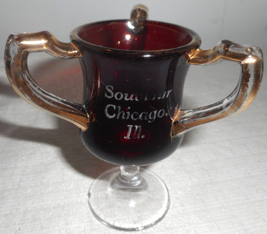 Ruby Red Flash 3 Handled Loving Cup Souvenir Chicago Ill Toothpick Holder READ