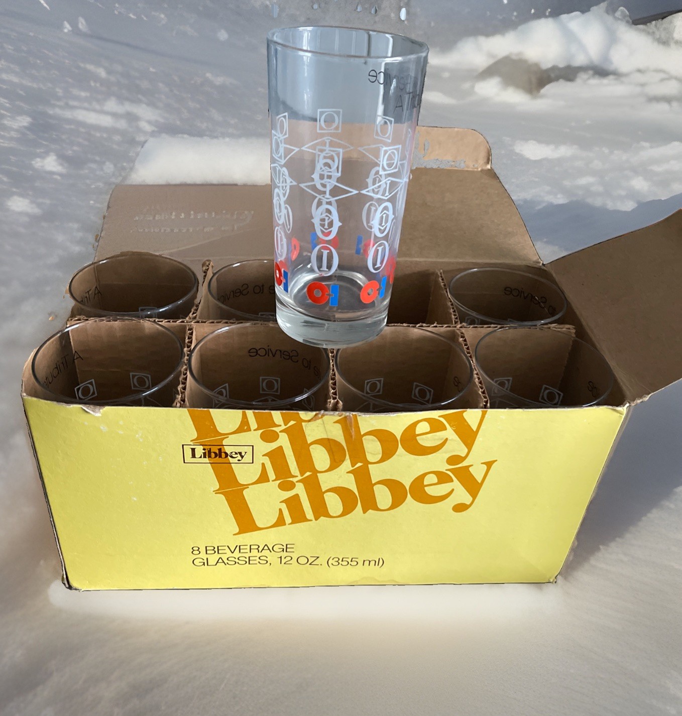 Vintage Owen’s Illinois Glass A Tribute To Service Libby’s Tumbler Set Of 8” Box