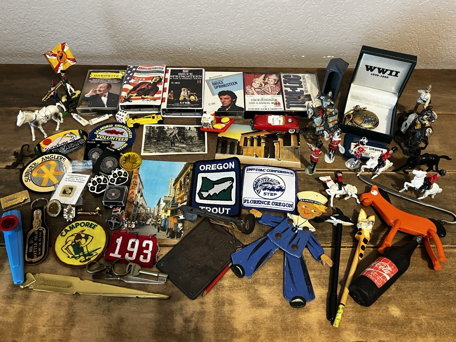 Junk Drawer Lot Lead Toys Plastic Soldiers Enamel Pins Patches Tapes Postcards