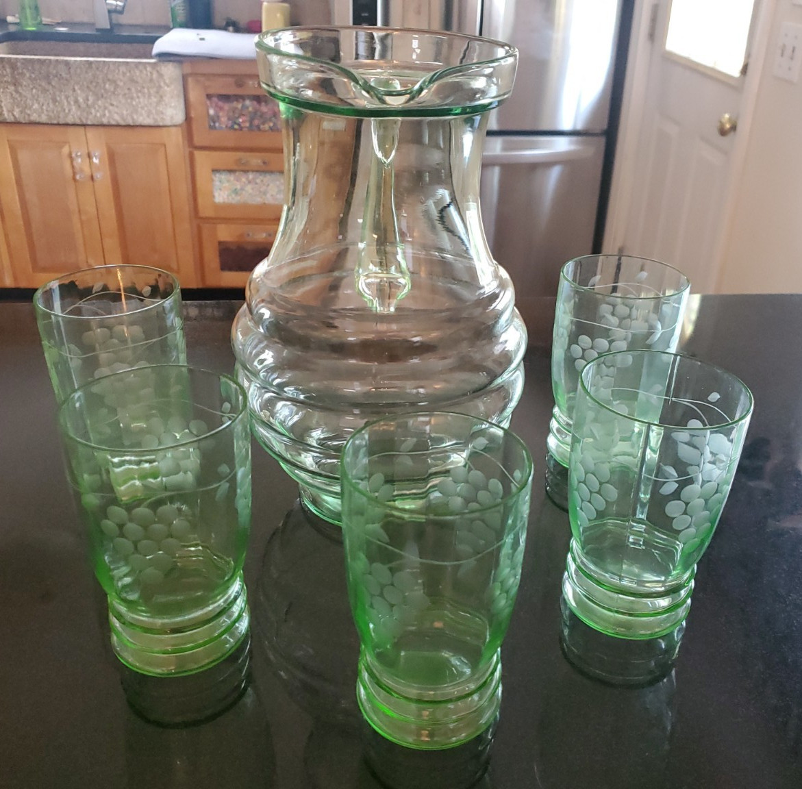 Vintage Uranium Vaseline Glass Lemonade Set Pitcher & 5 Etched 10 oz Glasses