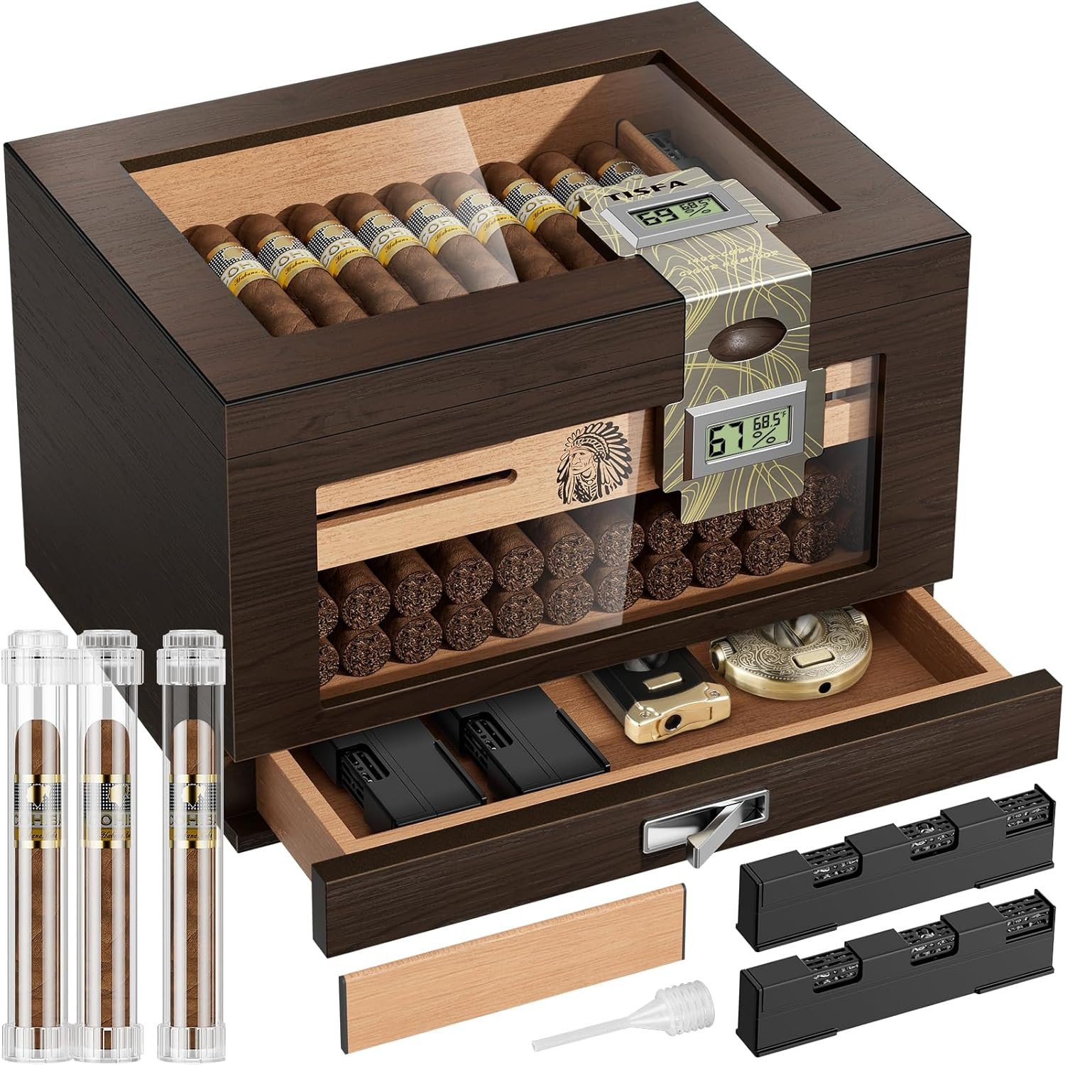 Cigar Humidor Cedar Wood Cigar Box with 2 Digital Hygrometer 2 Humidifiers Ced
