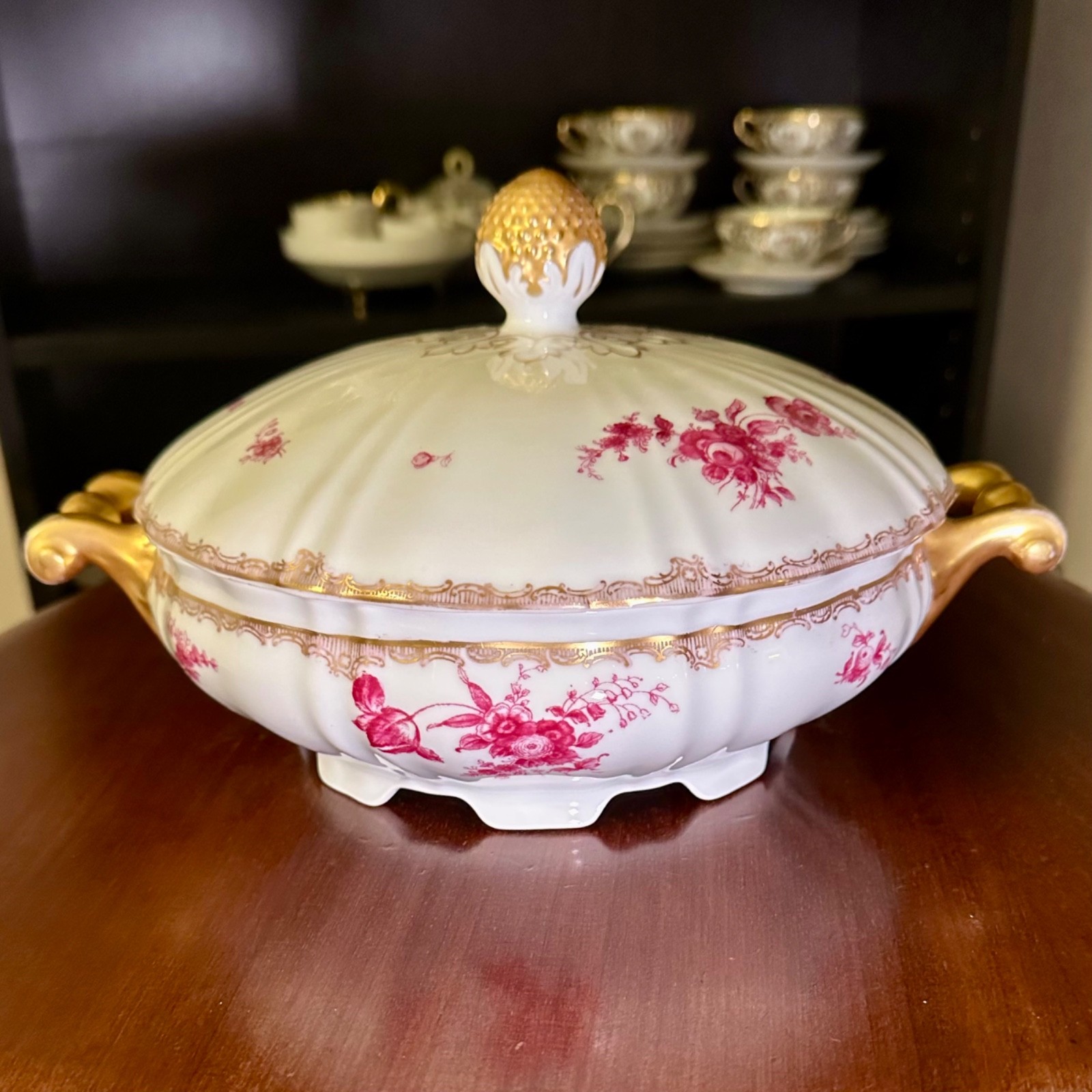 Antique 19th C Herend Mór Fischer Tureen Blue MF Mark Puce Floral Gilt Porcelain
