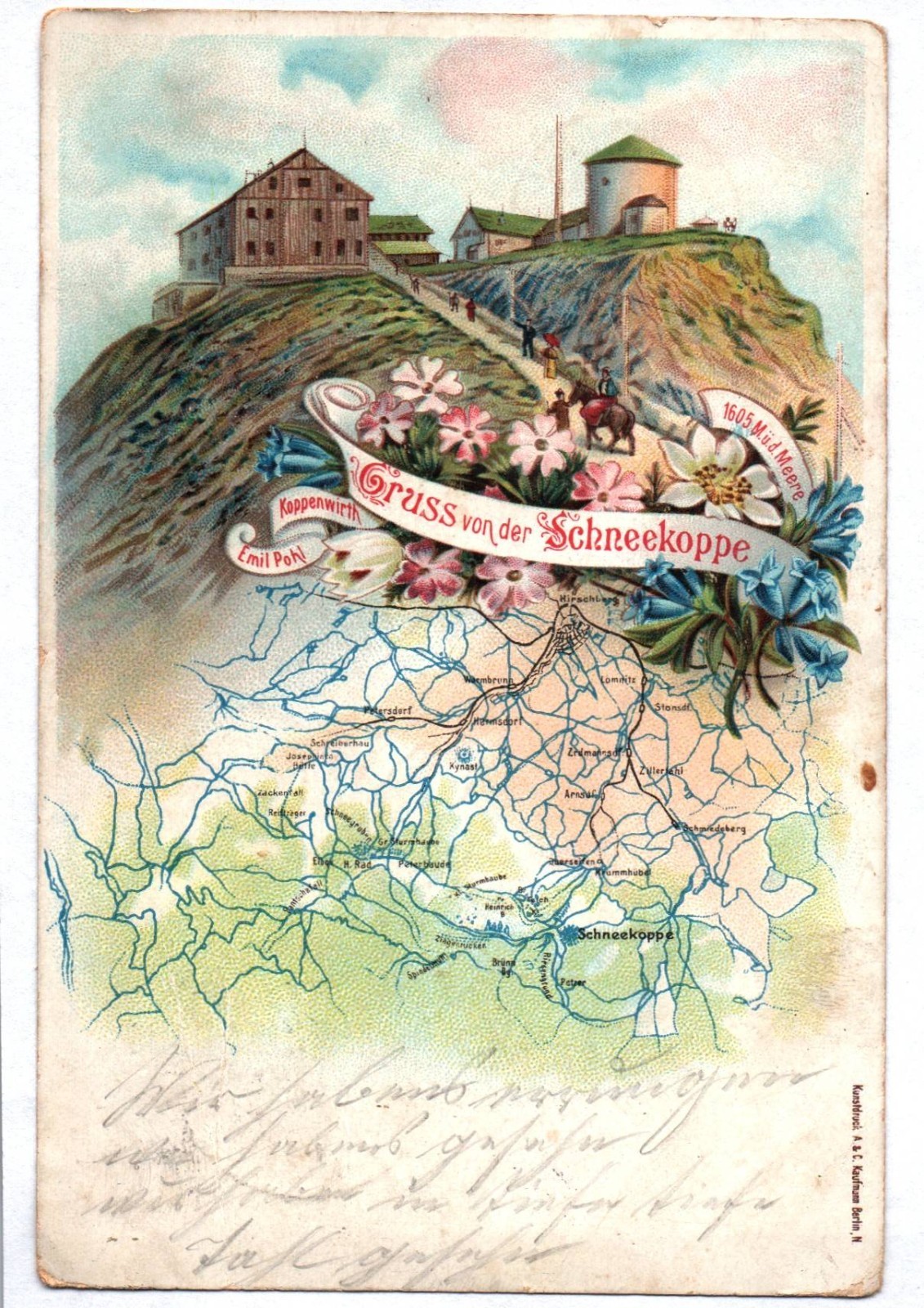 Litho Postcard greeting from Schneekoppe Koppenwirth Emil Pohl 1899 Krkonoše