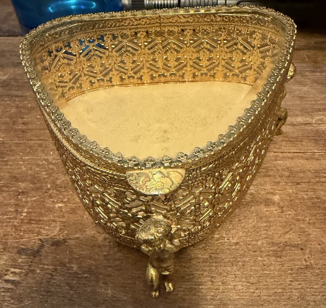 Vintage Gold Tone Ormolu Beveled Glass Casket Jewelry Box Filigree Hollywood