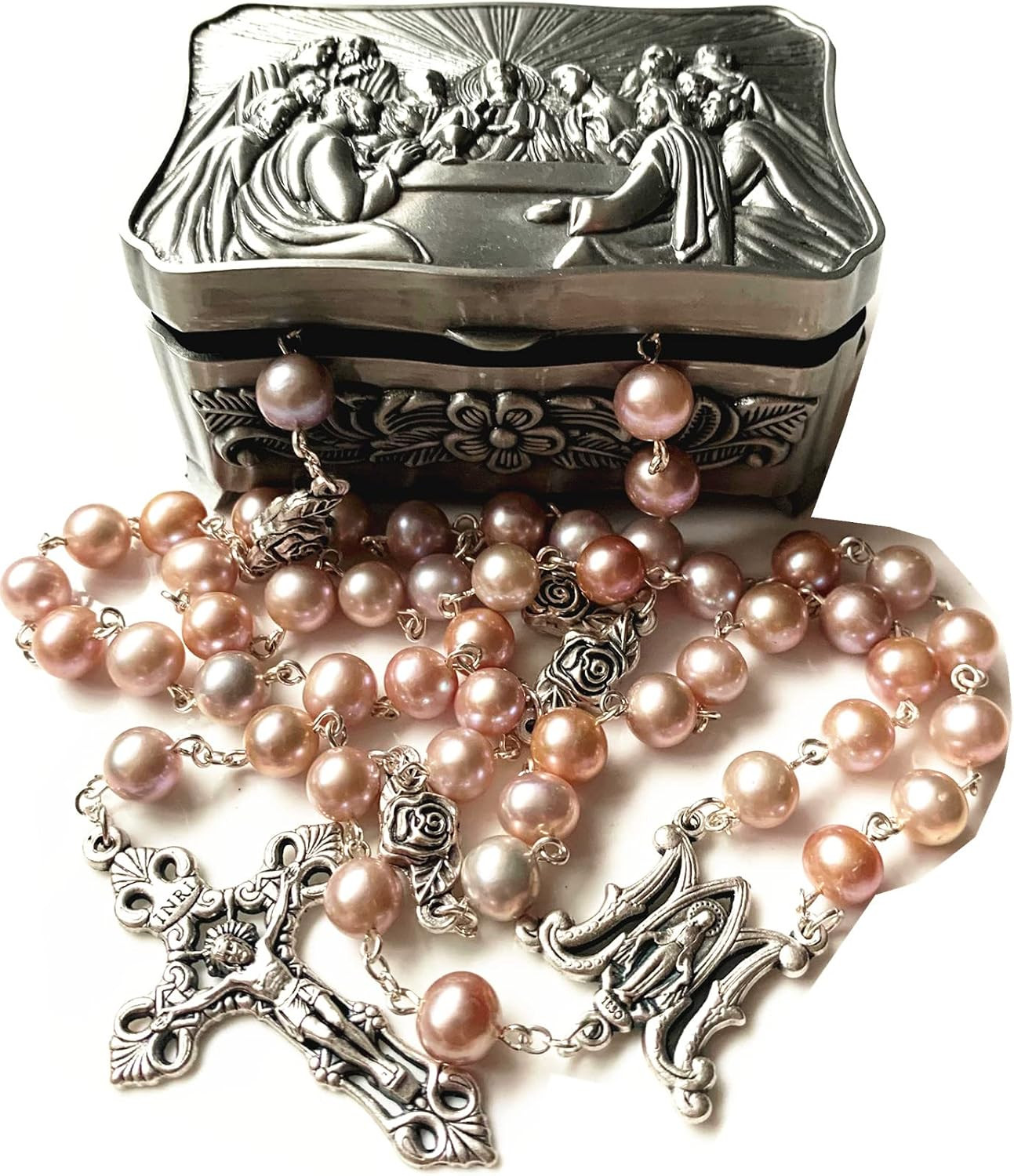 Catholic 8mm Real Pearl Rosary Necklace with Silver Rose Beads & Box