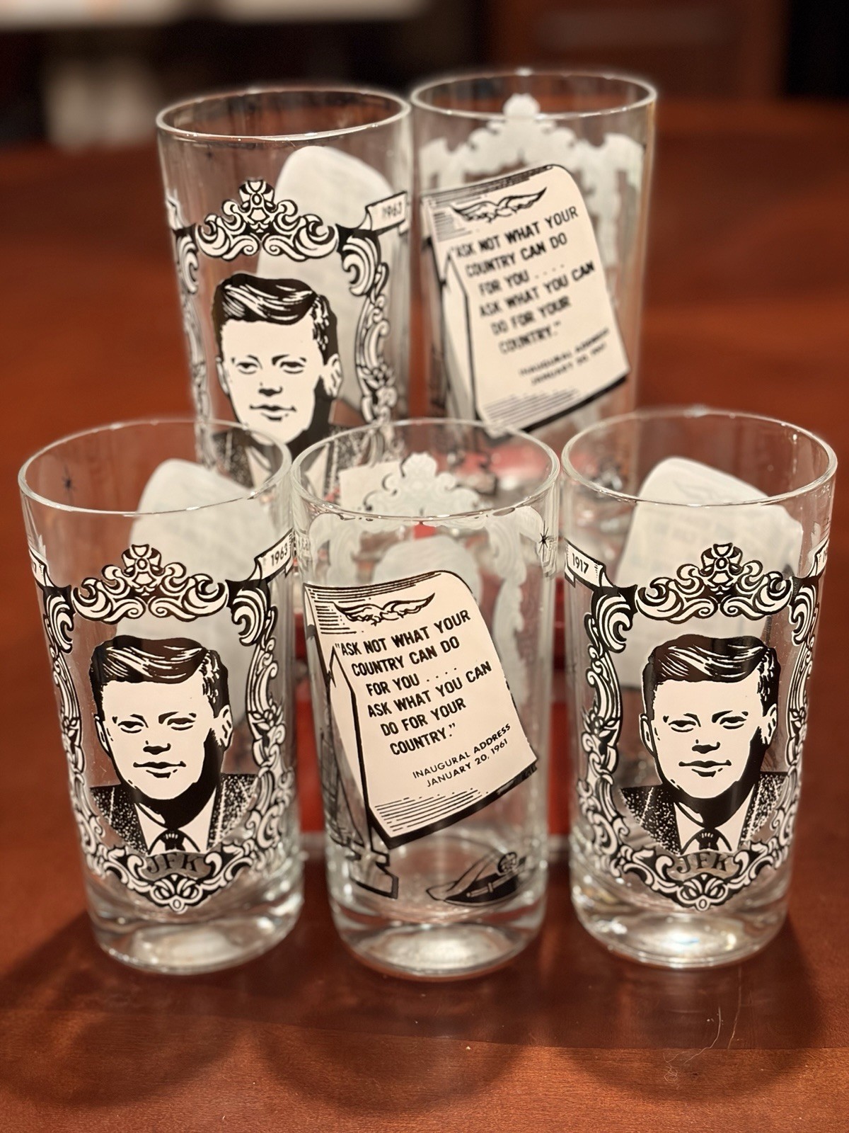 Vintage Set of 5 JFK Memorial Drinking Glasses Tumblers Inaugural Address 5.5”
