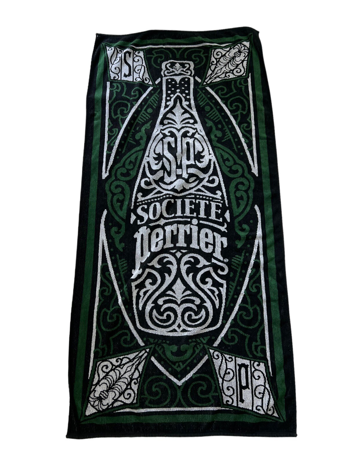 Vintage Societe Perrier Green Black Bath Beach Towel Bottle Made USA 30” By 66”