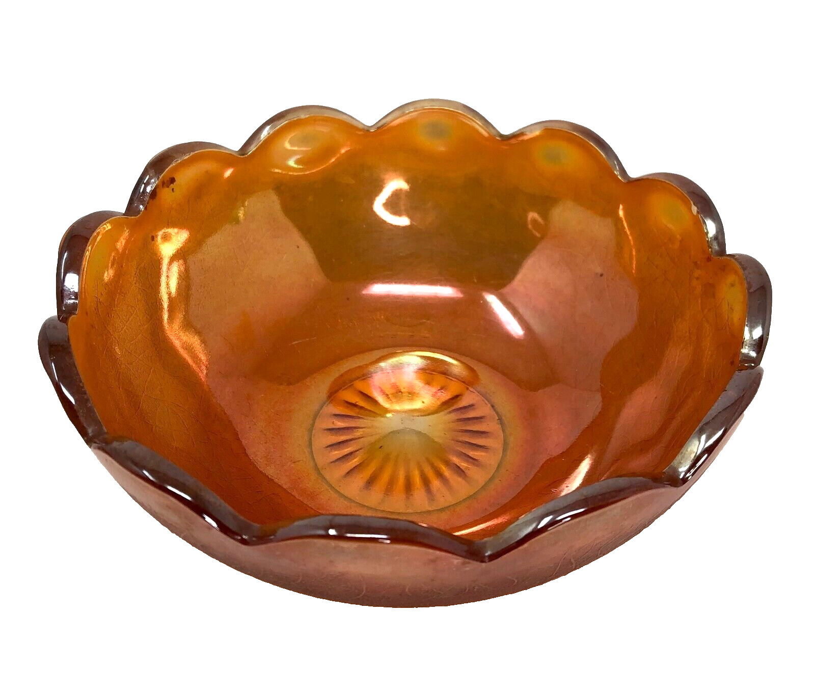 CARNIVAL GLASS Bowl Iridescent Marigold Scalloped Edges Crackle 7.25 In Chip