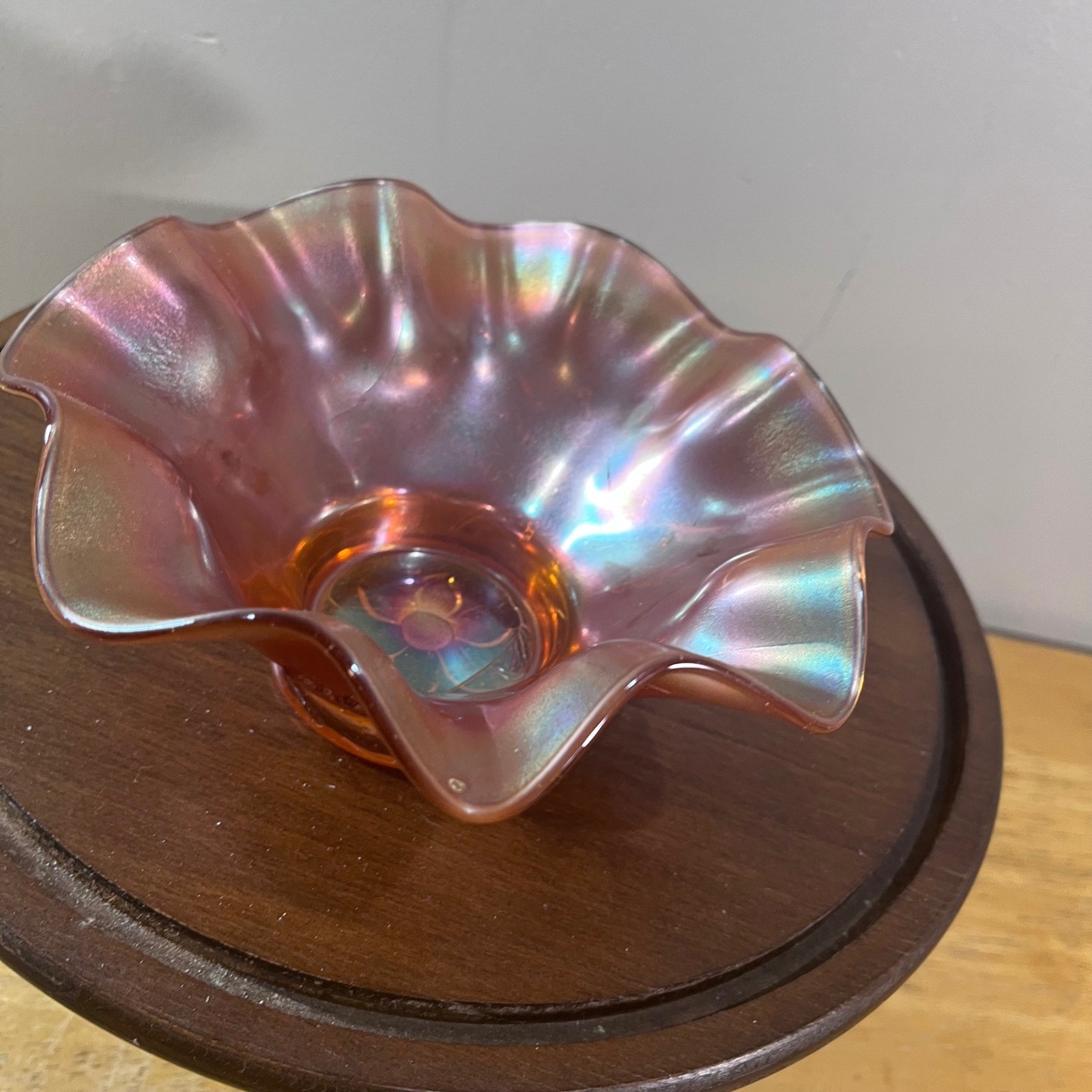 Vtg Dugan Marigold Carnival Glass Bowl Iridescent Orange Ruffled Floral 7.5\