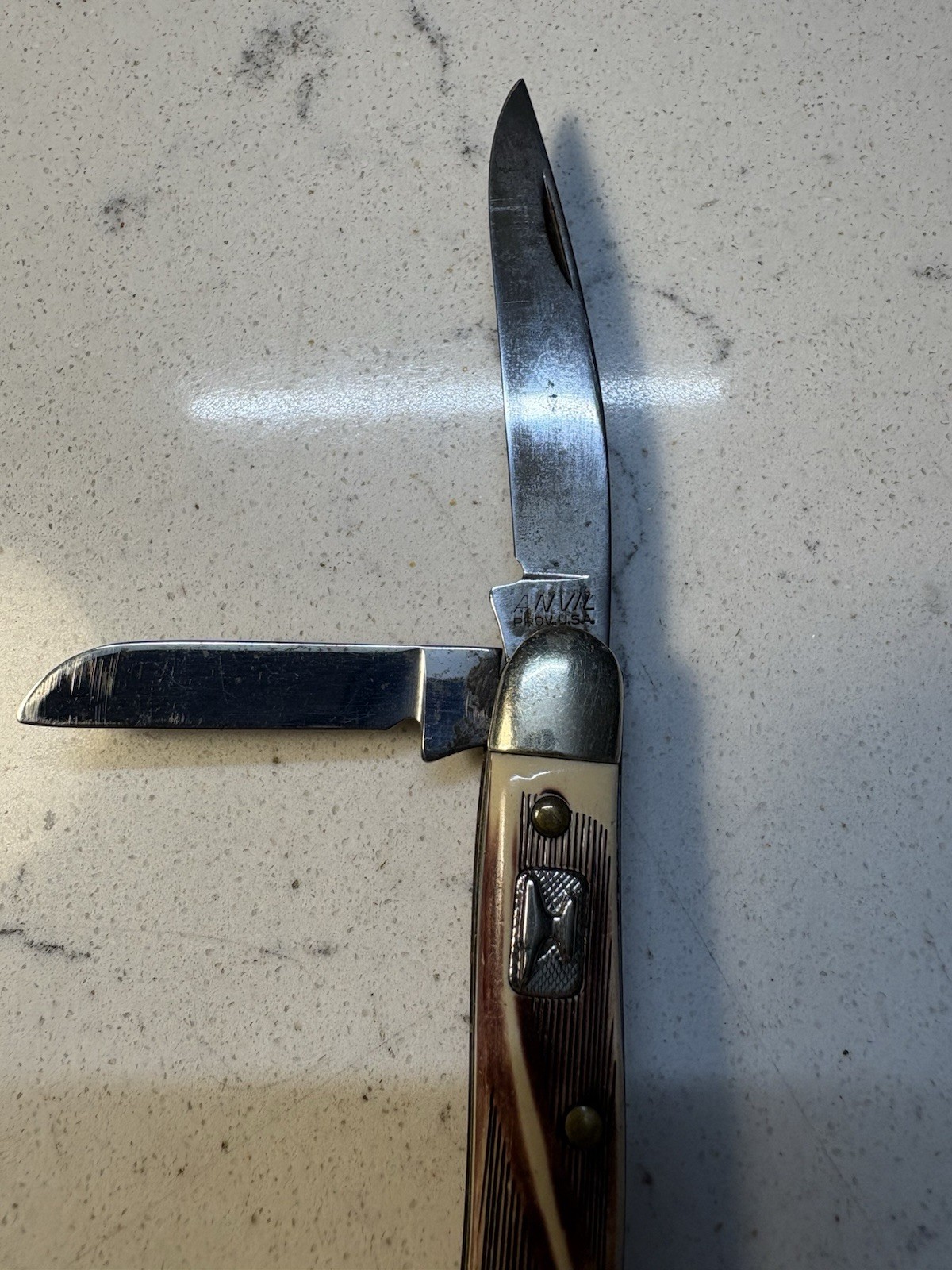 Vintage Colonial Anvil Brand USA 3 Blade Stockman SS Synthetic Scales 3 3/8”clsd