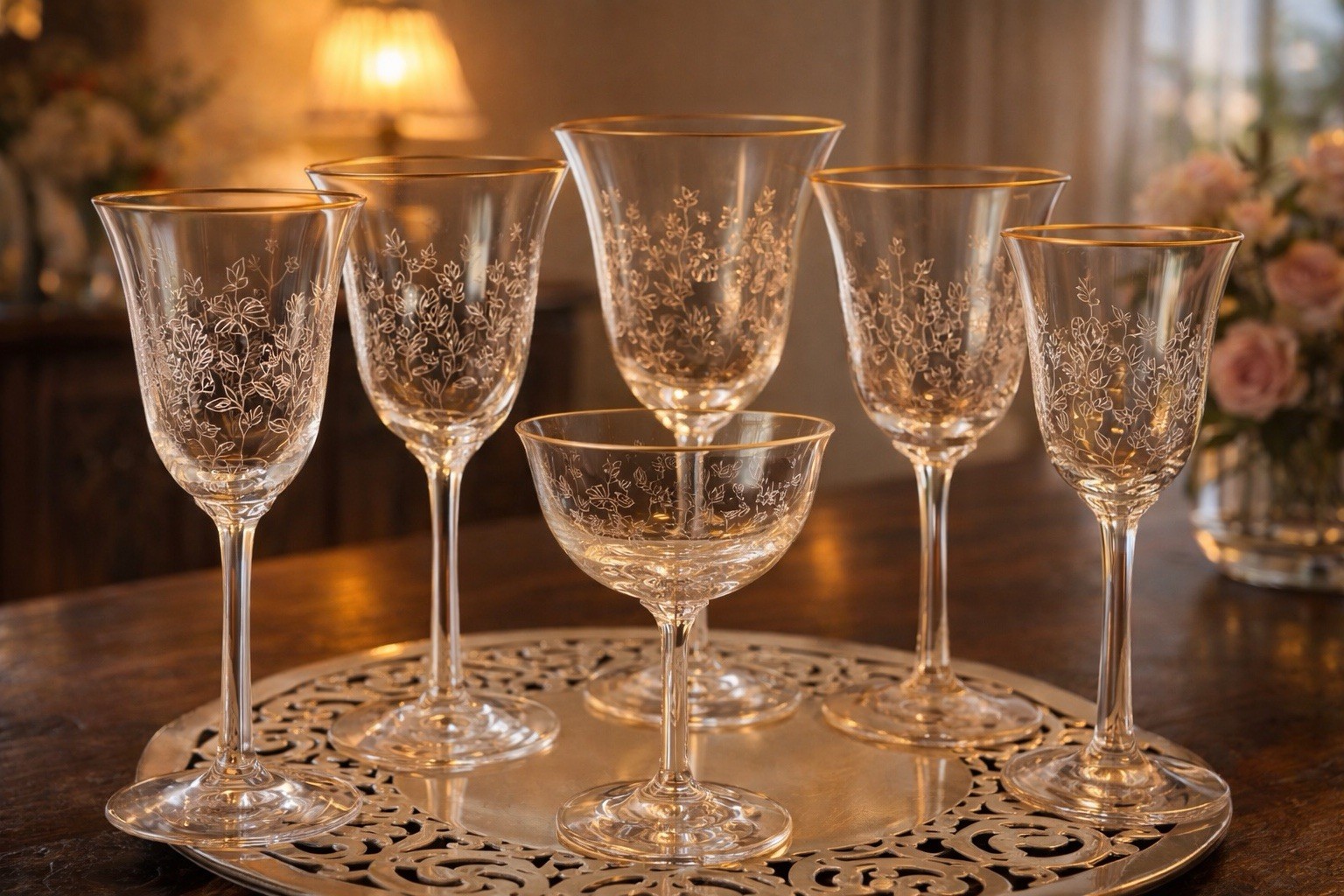 Lenox Fontaine Vintage Water Glasses Etched Flowers W Gold Rim Set of 6 Lenox Fontaine Vintage Water Glasses Etched Flowers W Gold Rim Set of 6