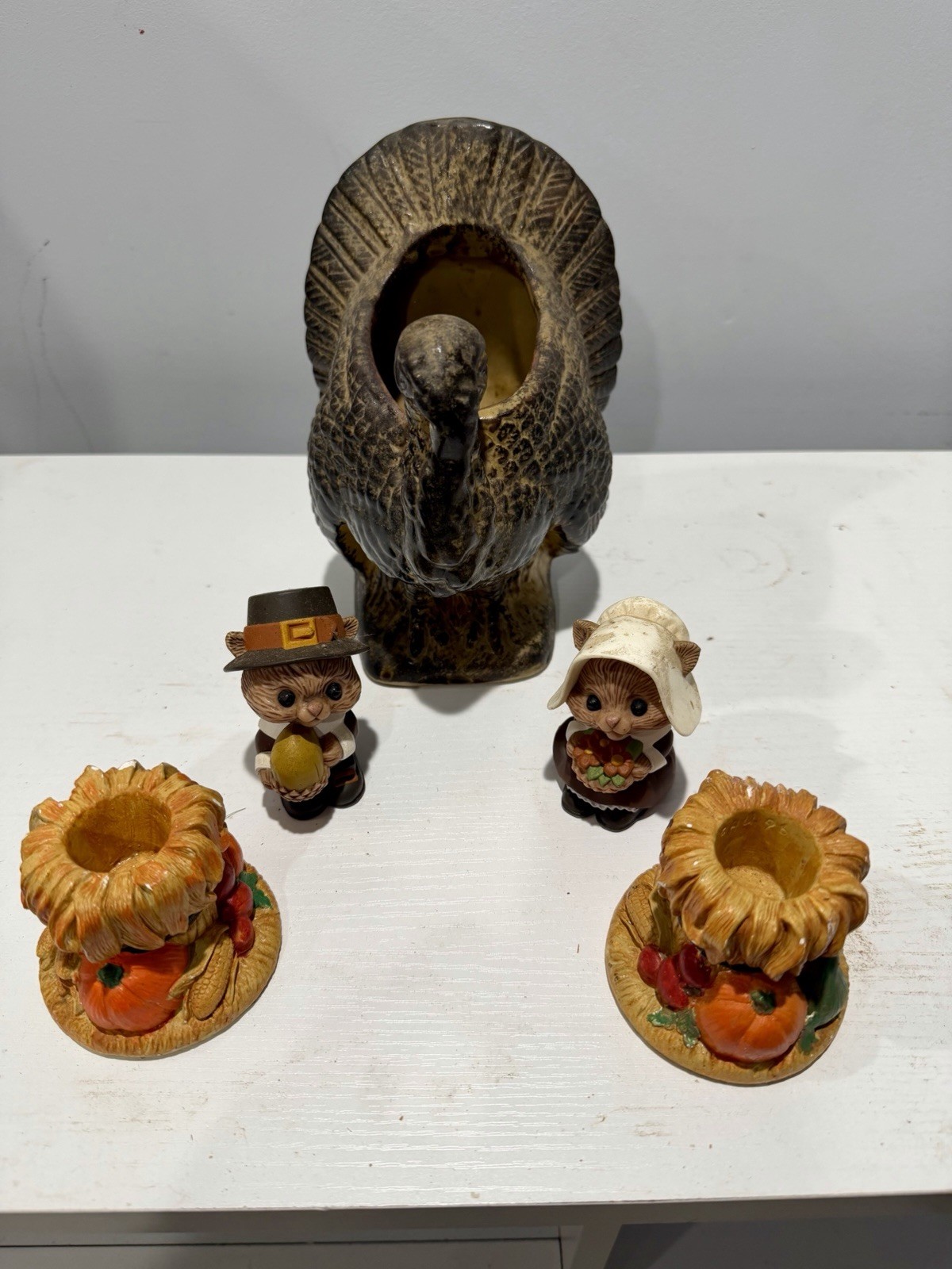 Lot of Vintage Thanksgiving Decor(Candle Holders,Hallmark S&P Shakers & Planter)