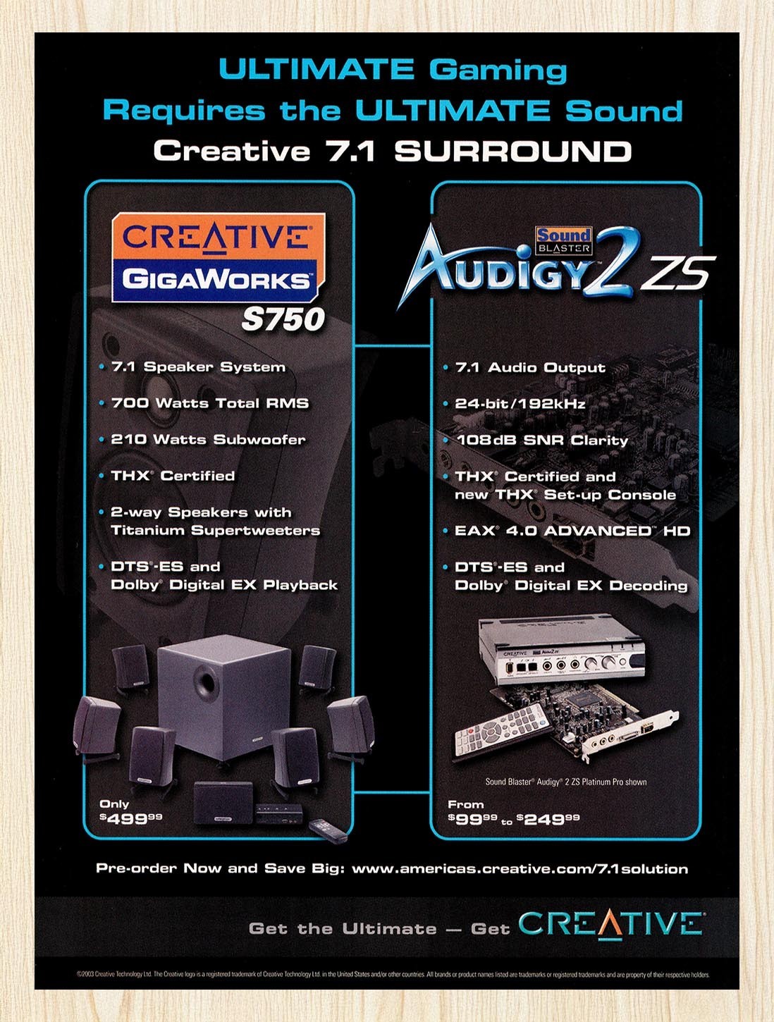 2003 Creative 7.1 Surround GigaWorks s750 & Audigy 2 ZS Original Advertisement 1