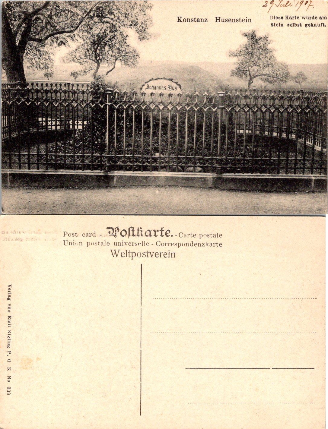 Konstanz Husenstein Johannes Hus Postkarte 1907 German Vintage Unposted B&W