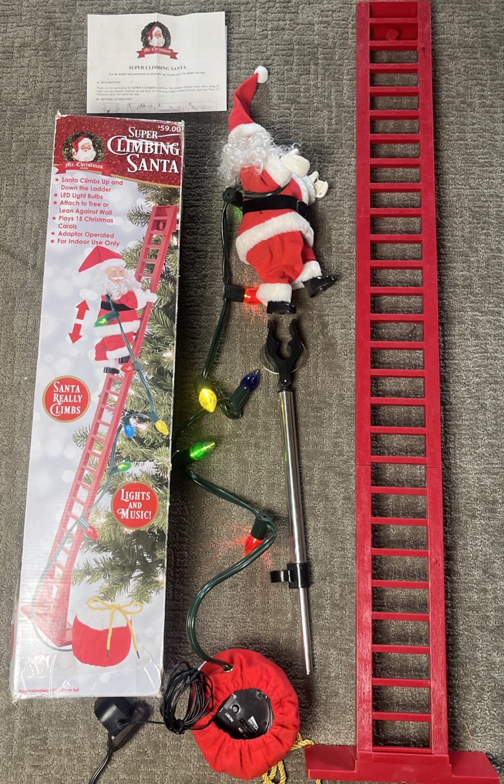 Mr Christmas Super Climbing Santa 43” Ladder Plays 15 Carols LED Tested