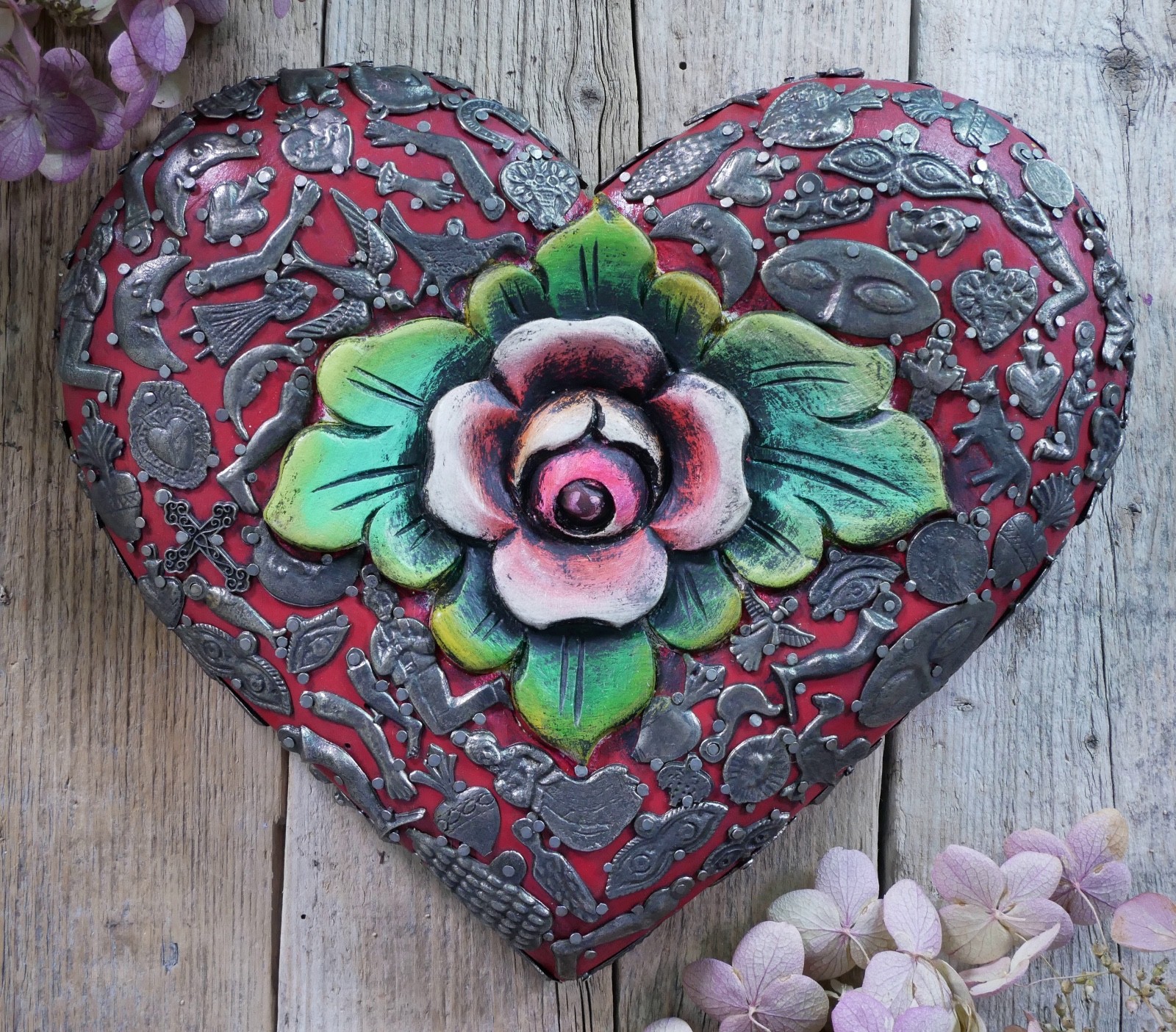 Heart Carved Rose & Milagros Wood Handmade Mexican Folk Art Love Token Large Sz