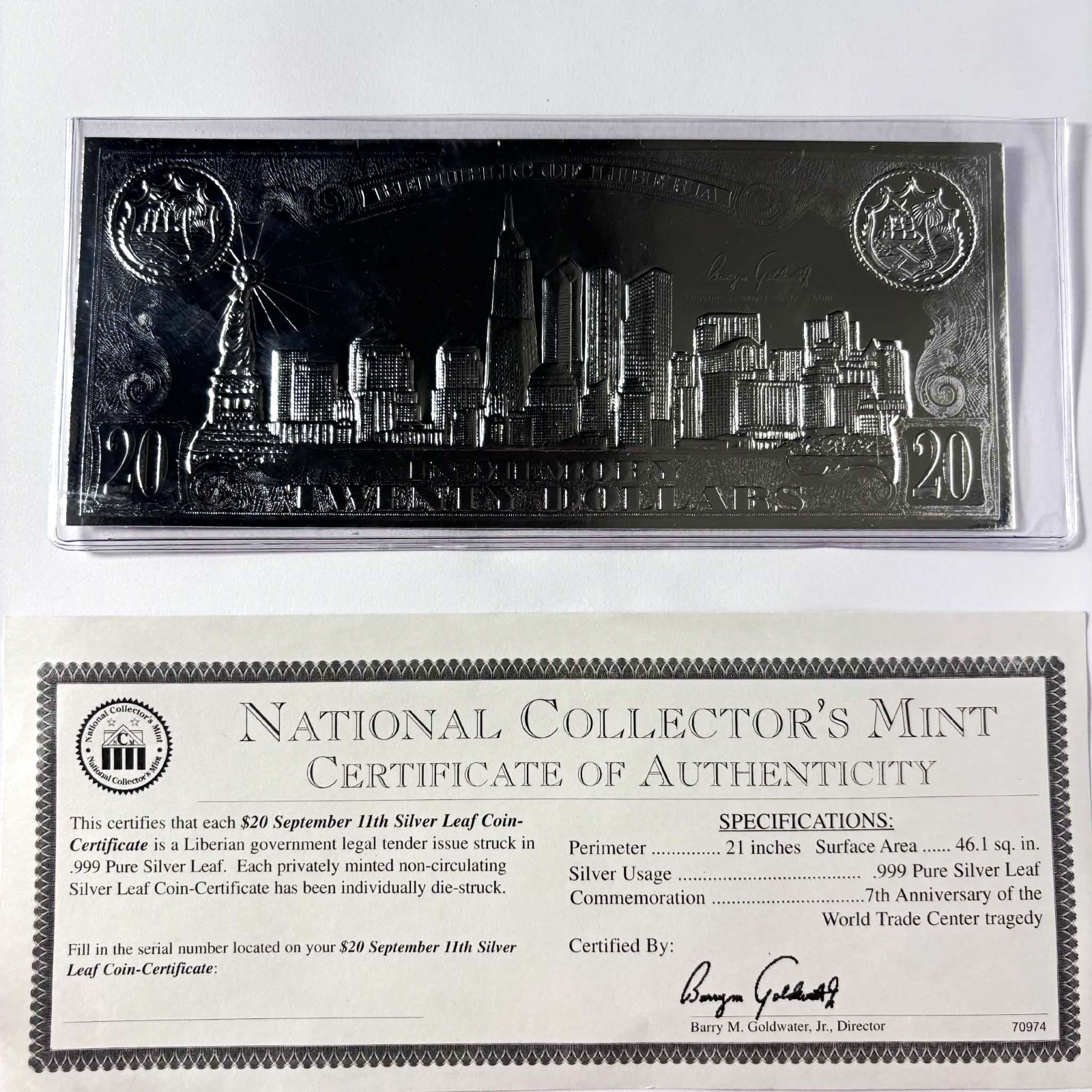 National Collector's Mint  Silver Leaf Coin WTC Tribute COA 9/23/2001