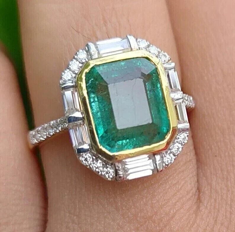 Art Deco Style Lab Created Emerald Diamond 14K White Gold Finish Engagement Ring