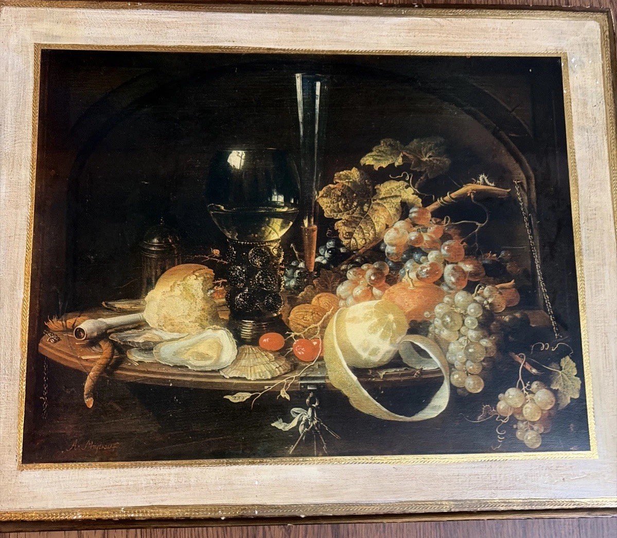 VTG Gold Gilt Italian Florentine Tole Still Life Art Gallery Wine Fruit Picture