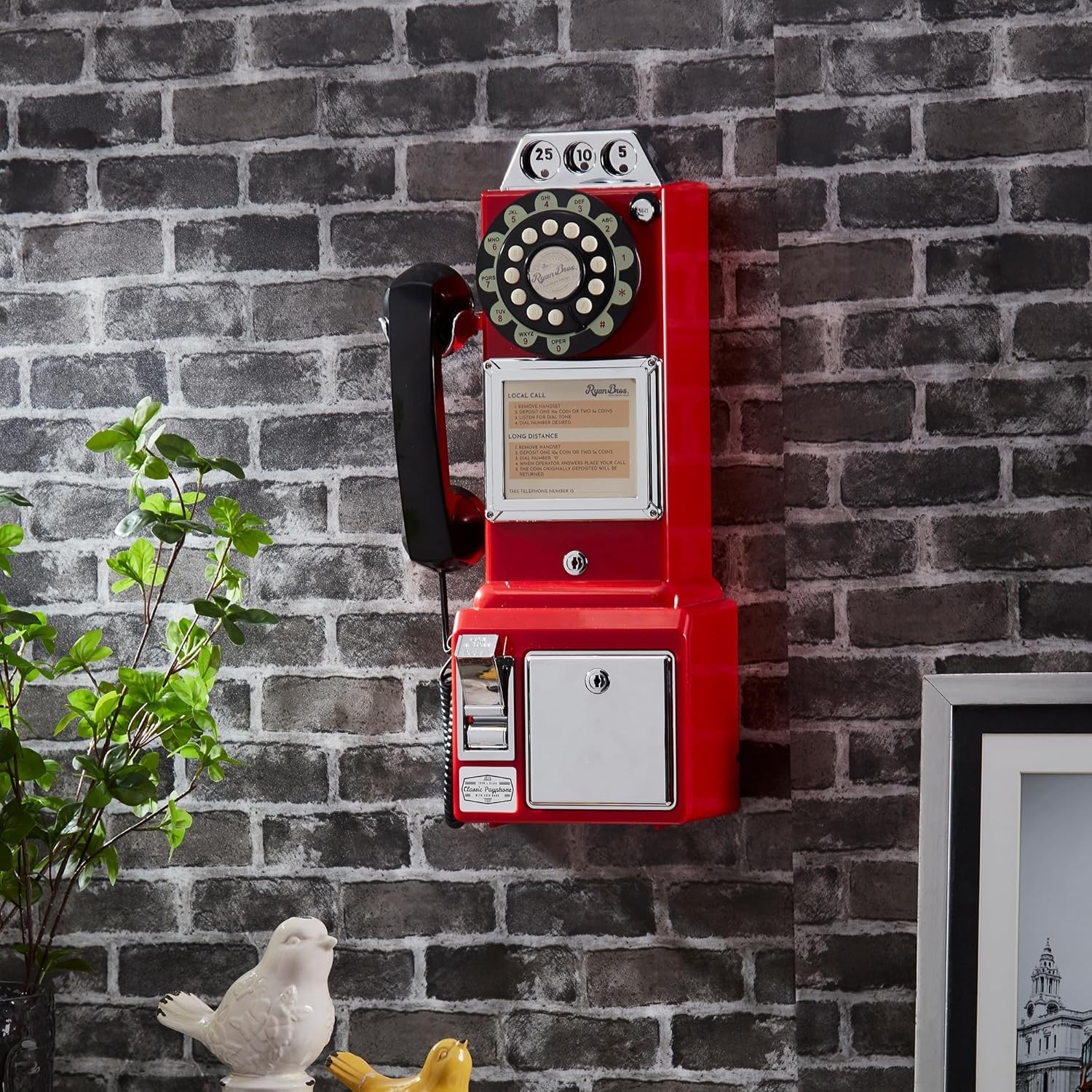 . American Retro 1950\'s Payphone with Coin Bank Wall-Mount Corded Phone (Red)