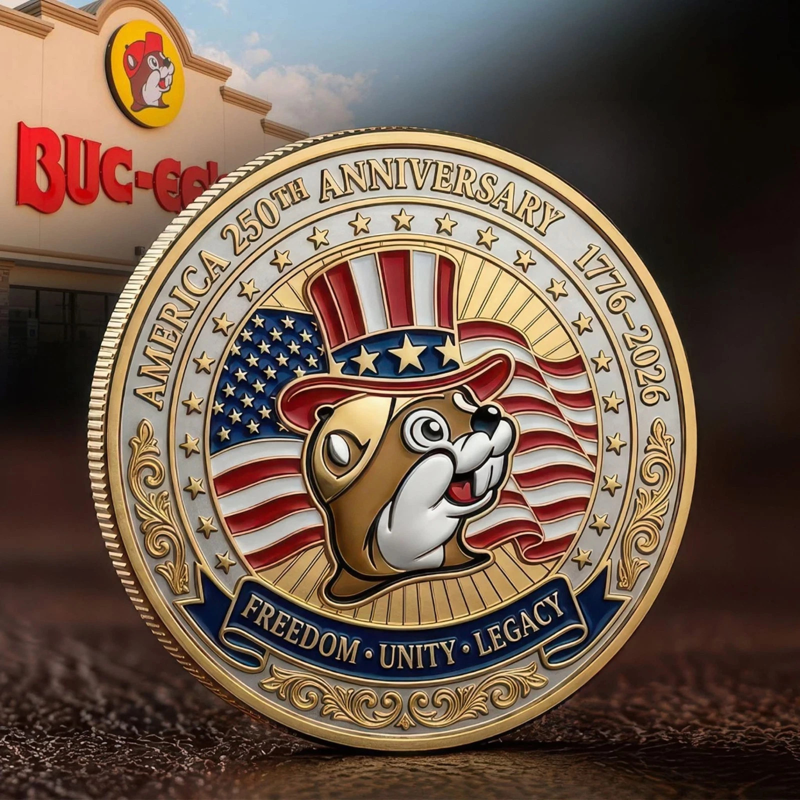 Buc-ee's America 250th Anniversary Coin 1776-2026 Patriotic Beaver Gold Medal
