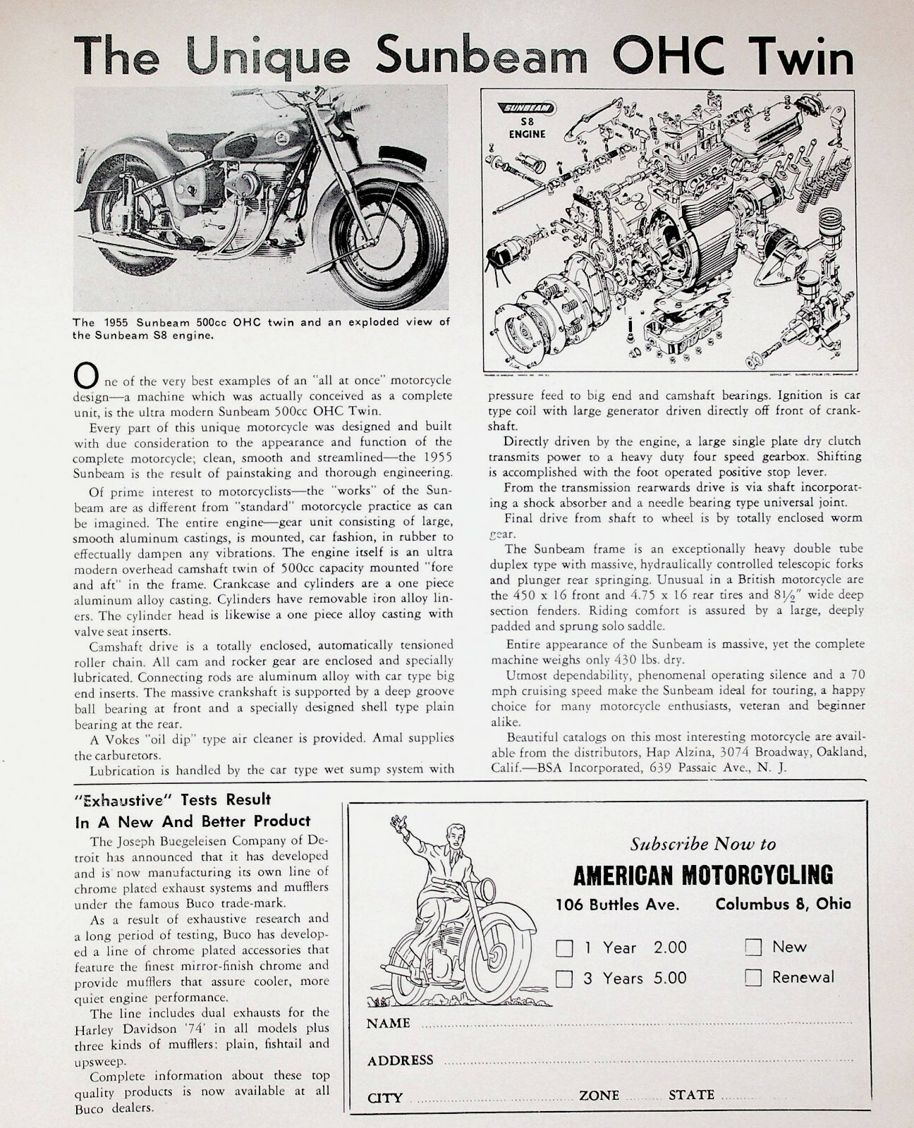 1955 Sunbeam OHC Twin - 1-Page Vintage Motorcycle Article