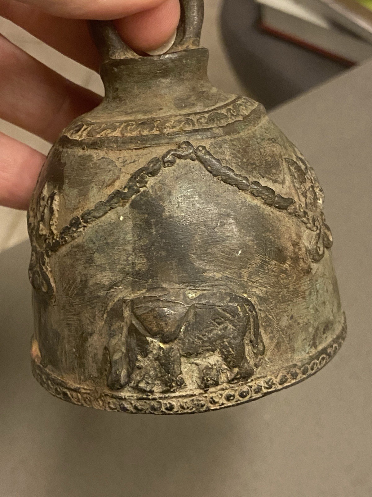 Vintage Southeast Asian Cast Bronze Elephant Temple Bell Antique Style Garland
