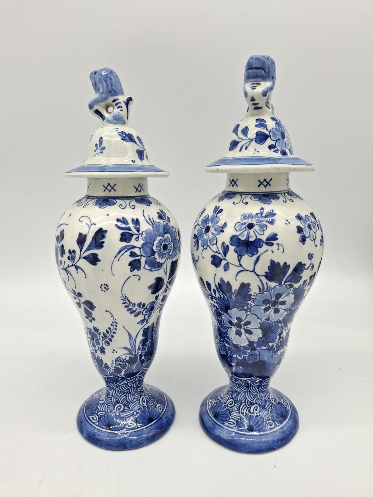 Royal Delft (De Porceleyne Fles) Lidded Baluster Vases, lion finials,10\ Royal Delft (De Porceleyne Fles) Lidded Baluster Vases, lion finials,10\
