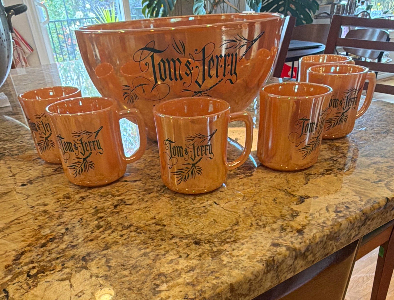 Title: Vintage Fire-King Tom & Jerry Peach Lustre Punch Bowl Set 7 Pc 6 Mugs