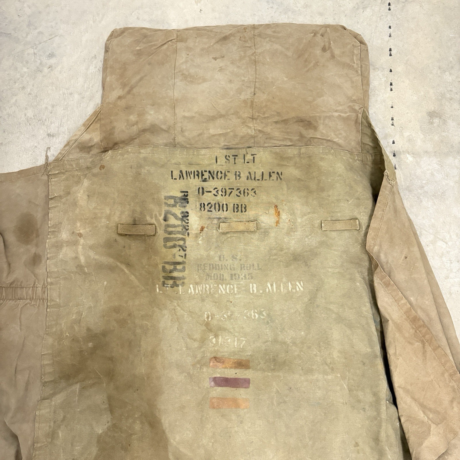 WWII US Army M1935 Bedding Roll Named 1st Lt Lawrence B Allen Stenciled