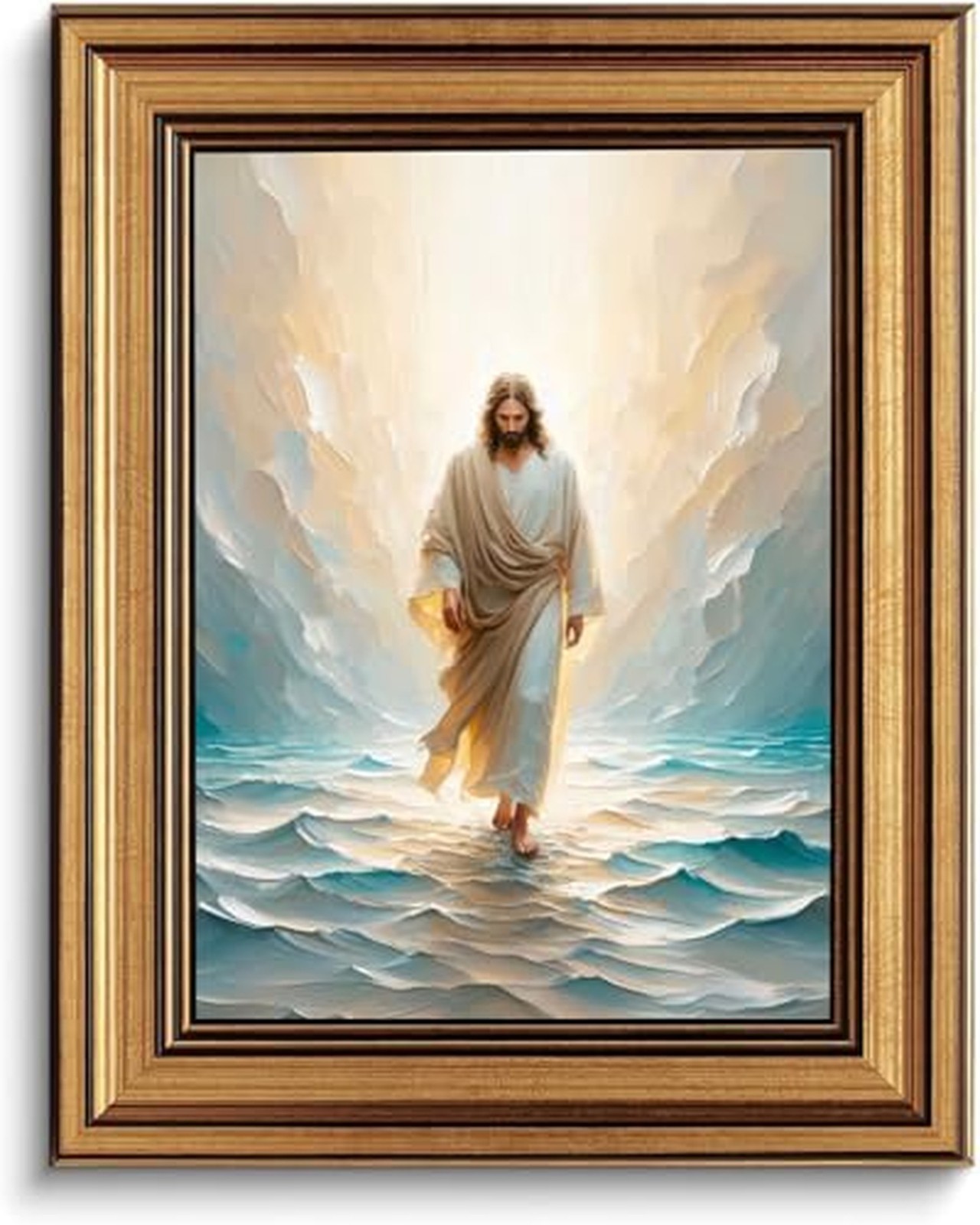 Kabcod Vintage Gold Framed Jesus Walking On Water Wall Art Christian Bible St...