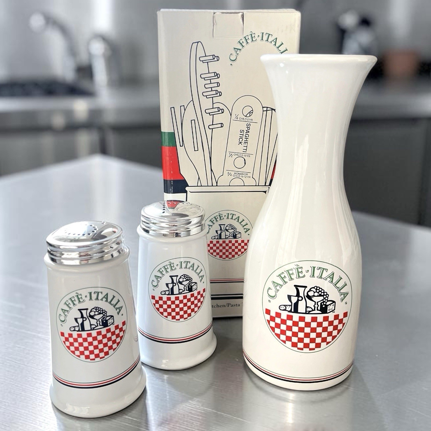 Vintage Caffe Italia 10.5” Carafe and 5.5” Salt & Pepper Shaker Set HiMark Vintage Caffe Italia 10.5” Carafe and 5.5” Salt & Pepper Shaker Set HiMark