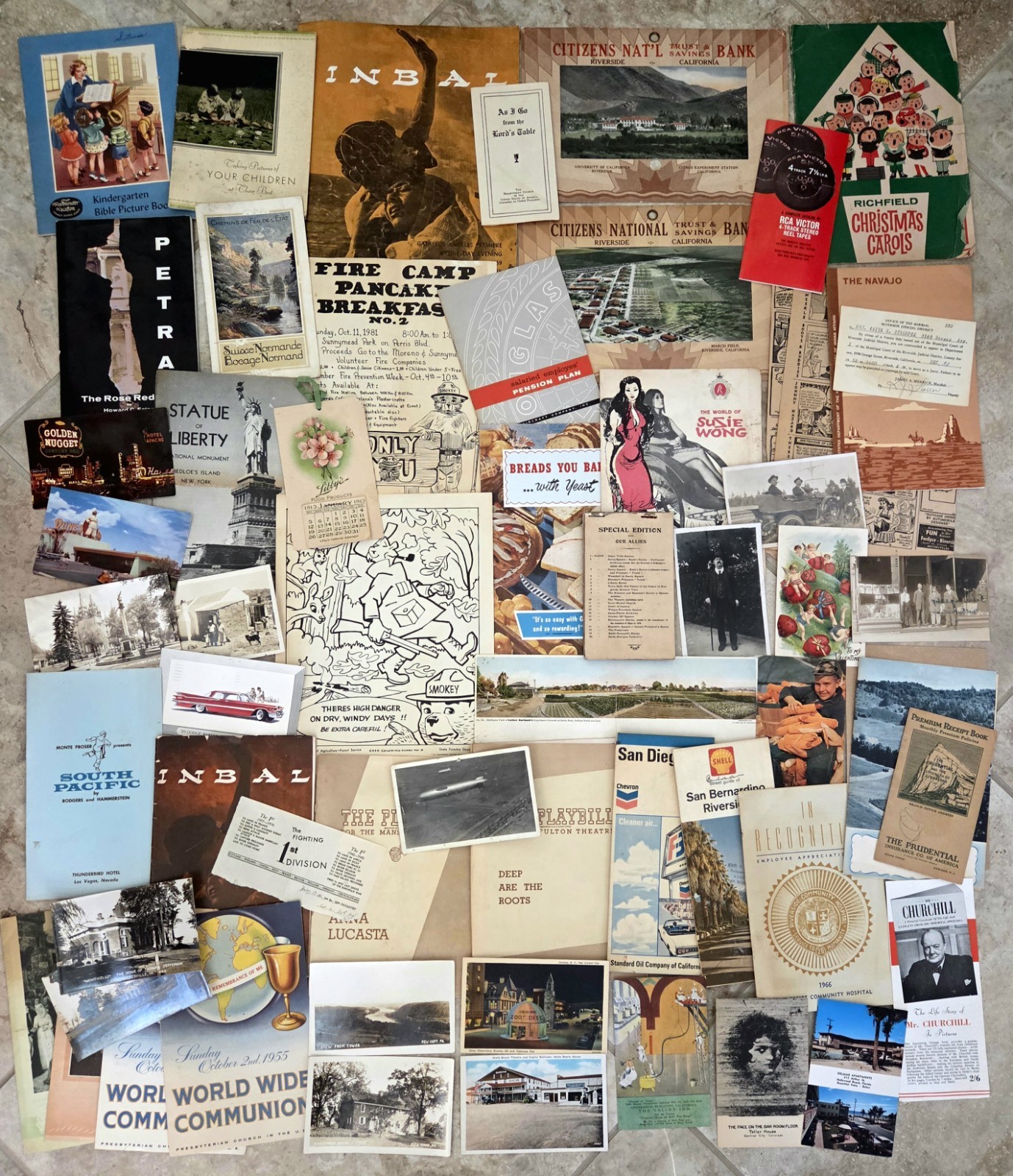 Lot Of 58 Pieces Paper Ephemera 1910's - 70's Booklets, Programs, Postcards etc.