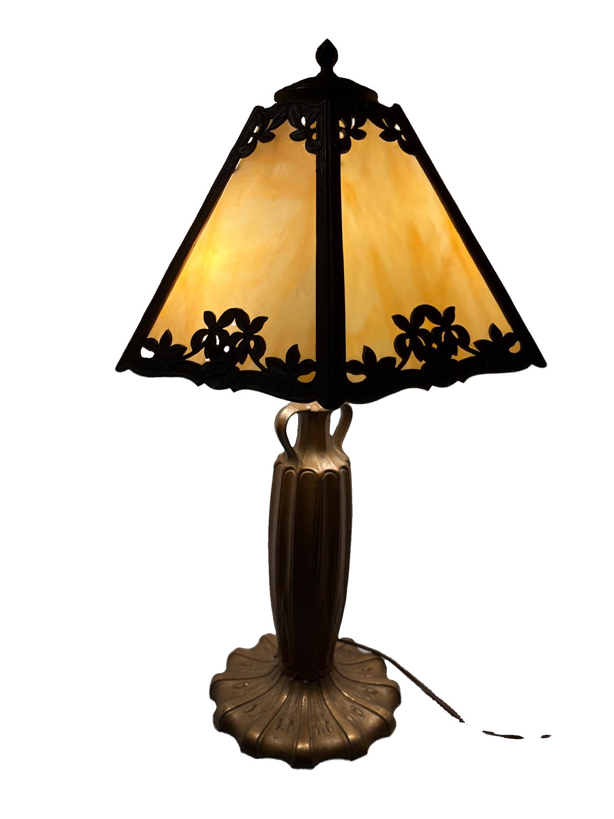 Art nouveau 24” table lamp bronze base with  6 Panel slag glass shade