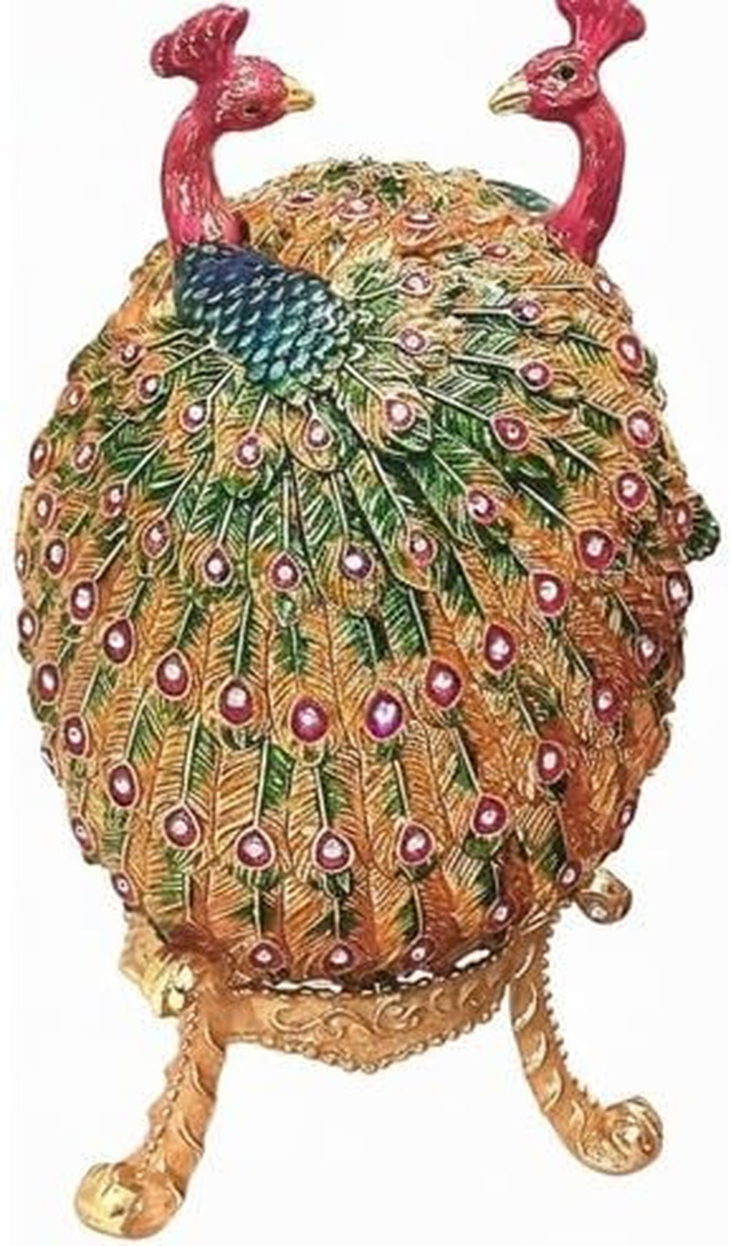 Designer Extra Large Peacock Faberge Egg Green and Gold Faberge Egg Jewelry Box