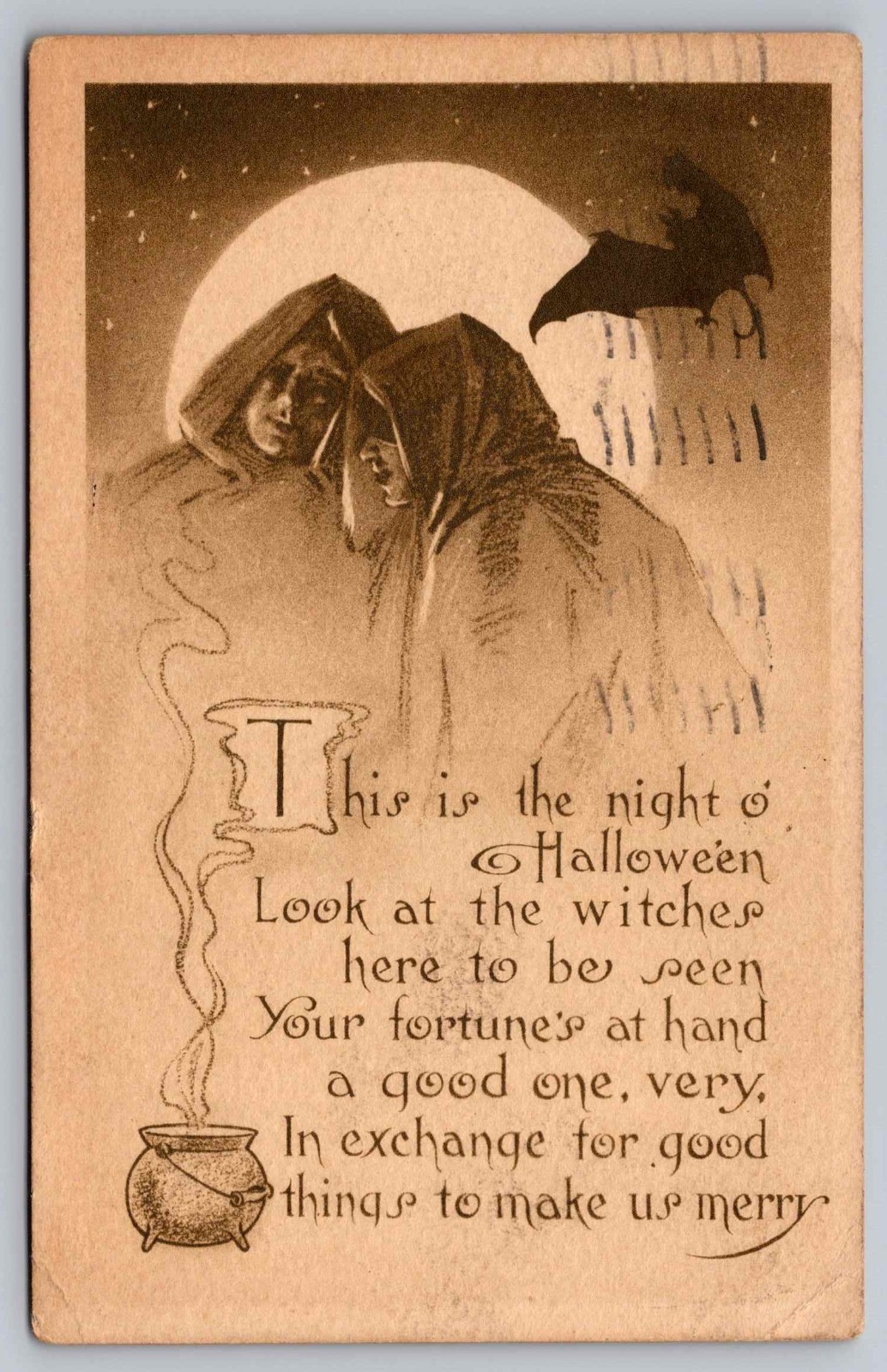 Postcard Halloween Witches in Front of Moon Bat Fortune Teller Gibson Art