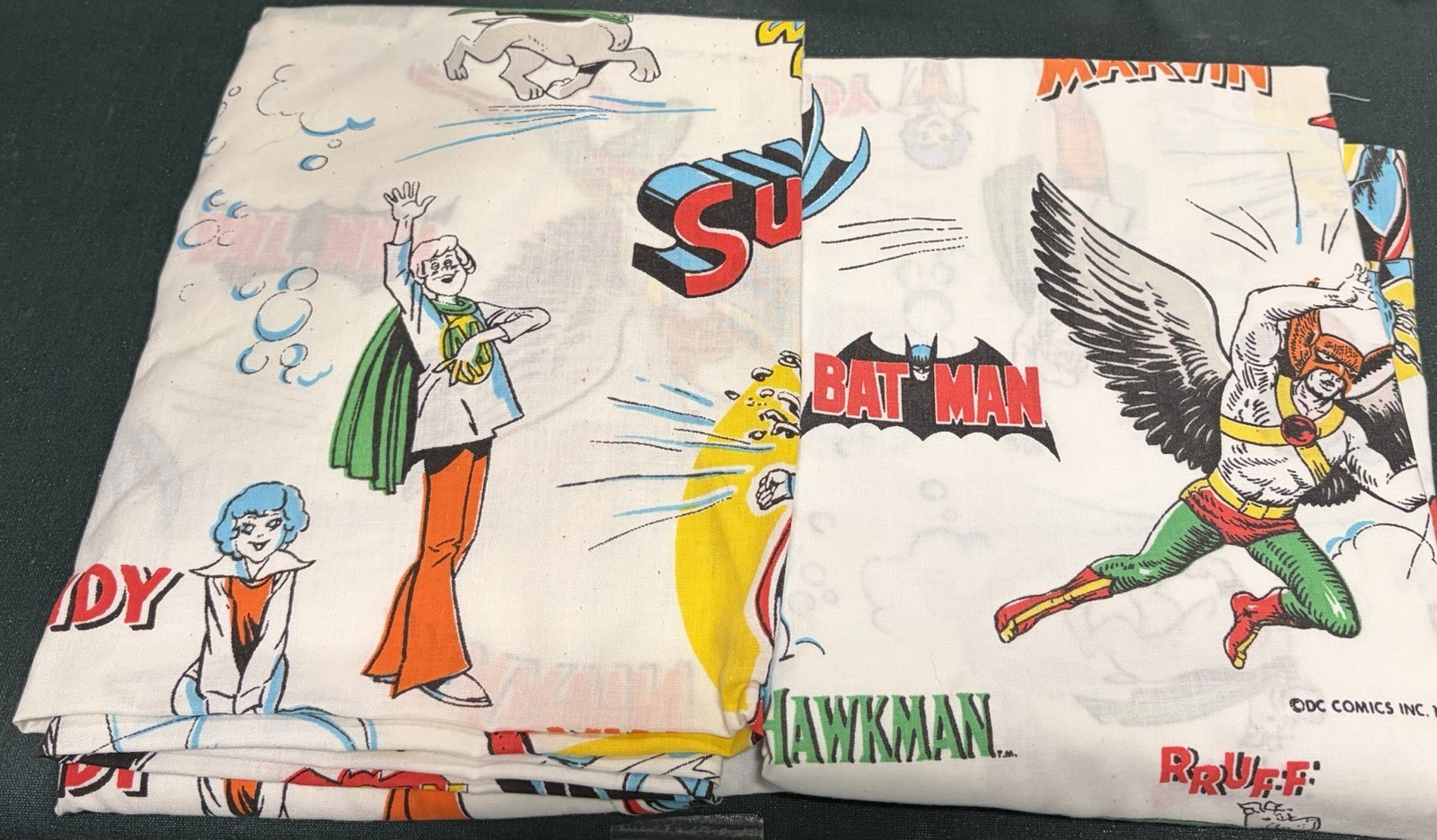 VTG 1977 DC Comics Superman Aquaman BatMan Flash Hawkman Wonder Twin Sheet Set