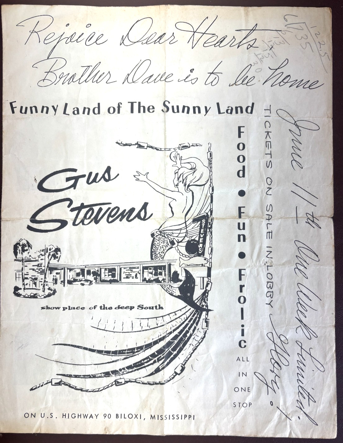 RARE VINTAGE 1956 GUS STEVENS PROMO MENU BILOXI MS summer of elvis presley visit