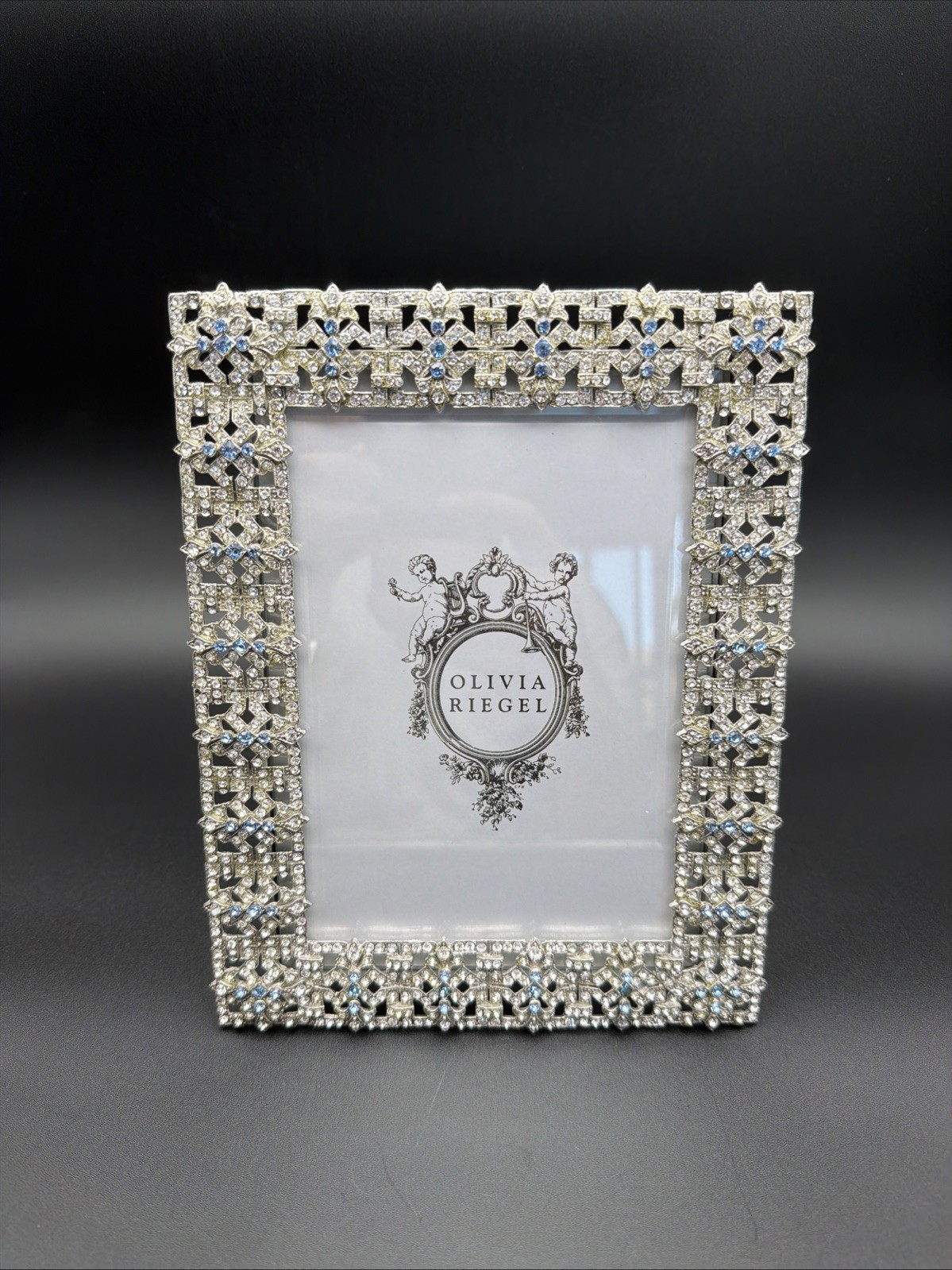 Olivia Riegel Silver Crystal Blue Jeweled Picture Frame 8.5” x 6.5” Glam