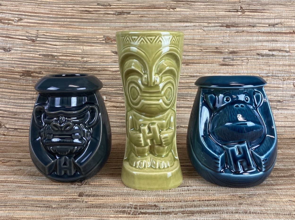 Houlihans Tiki Mug Set of 3 Coconut Monkey Angry Monkey & Green Tiki Guy New
