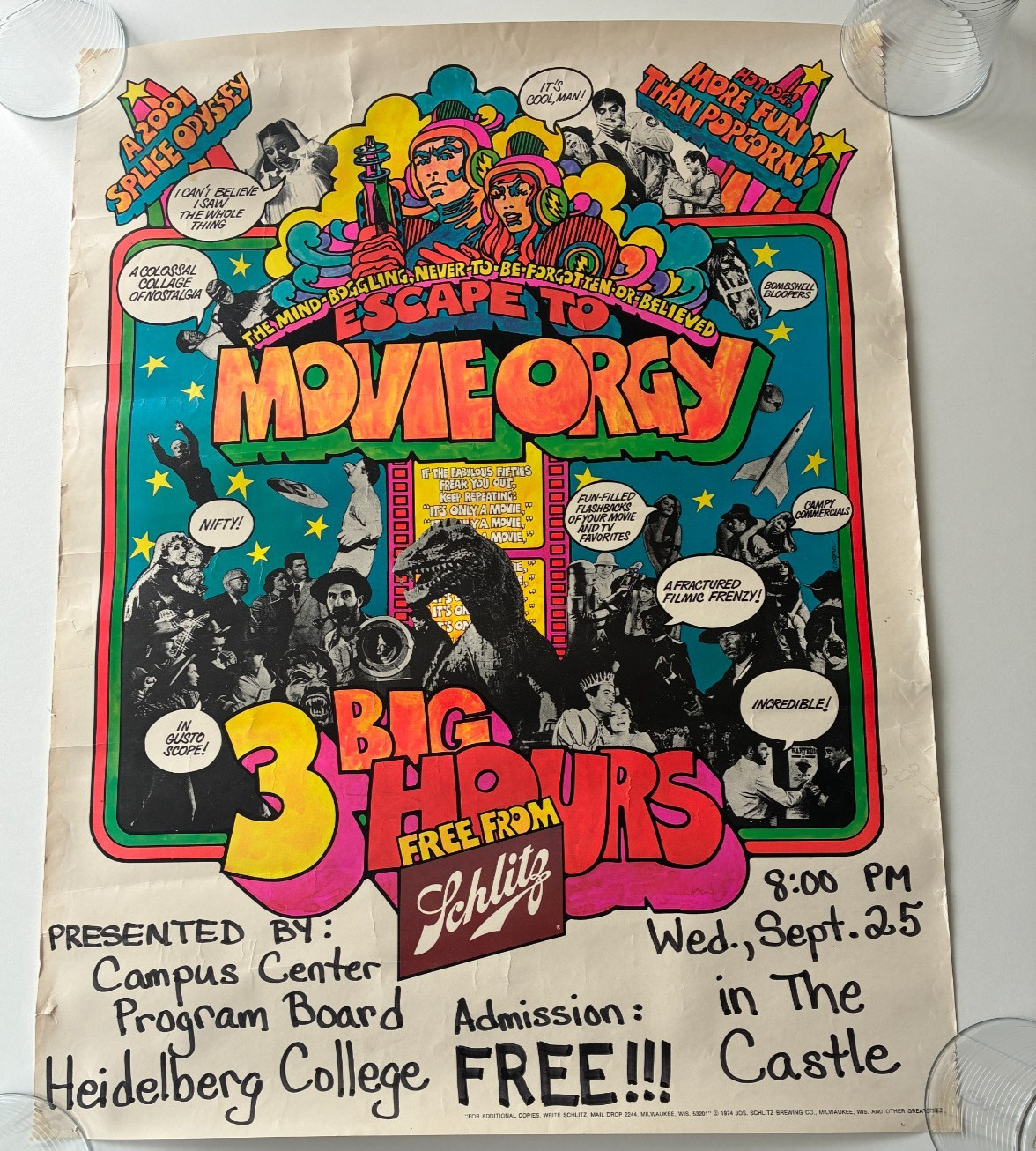 Vintage Poster 1974 Schlitz Beer Heidelberg University Tiffin Ohio Movie Night