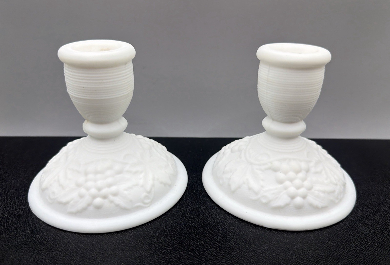 Set Of 2 VTG Imperial Glass Milk Glass GrapeMotif Taper Candle Holders 1950s