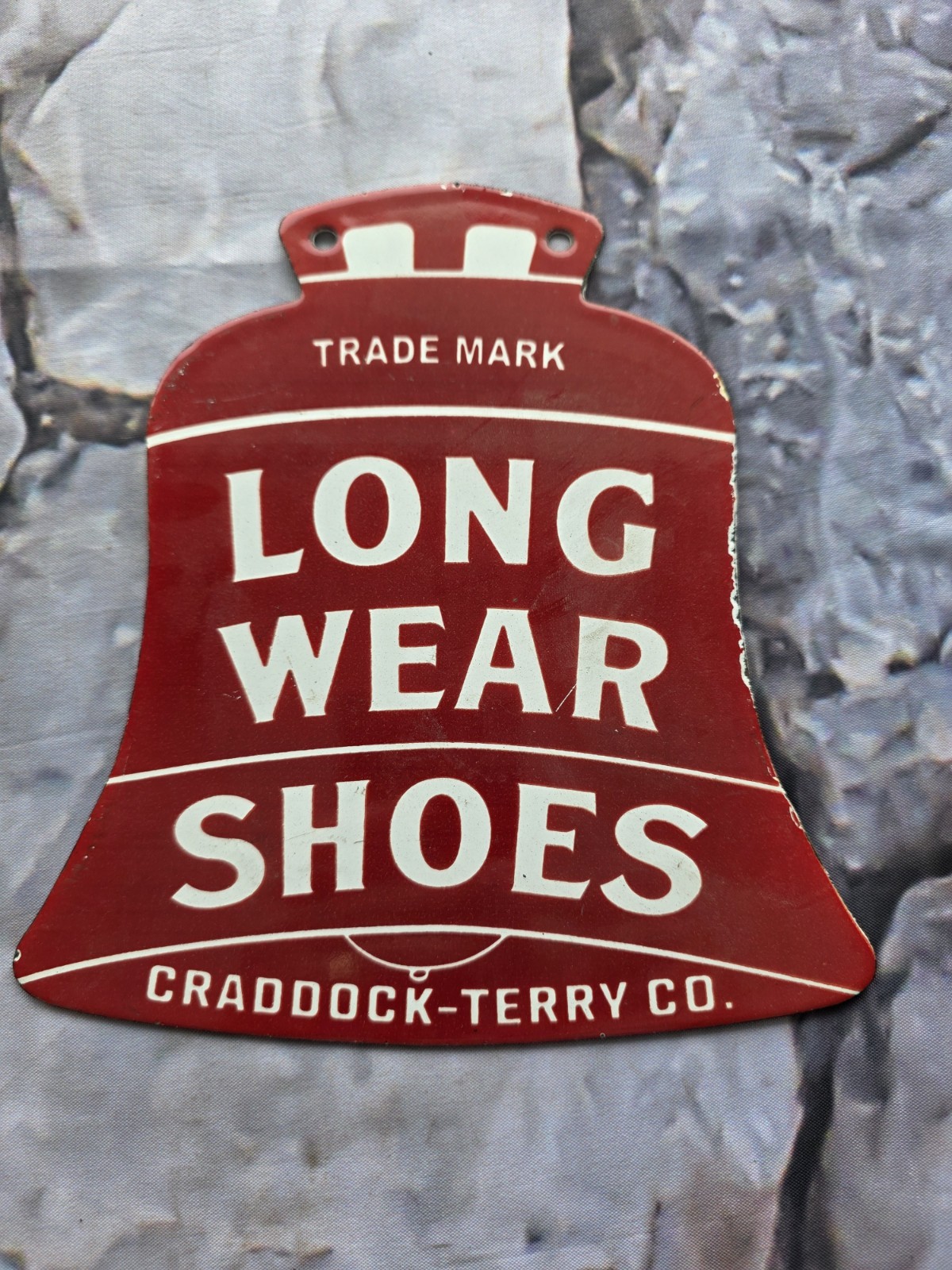 VINTAGE LONG WEAR SHOES BELL PORCELAIN SIGN CAR 8.5\