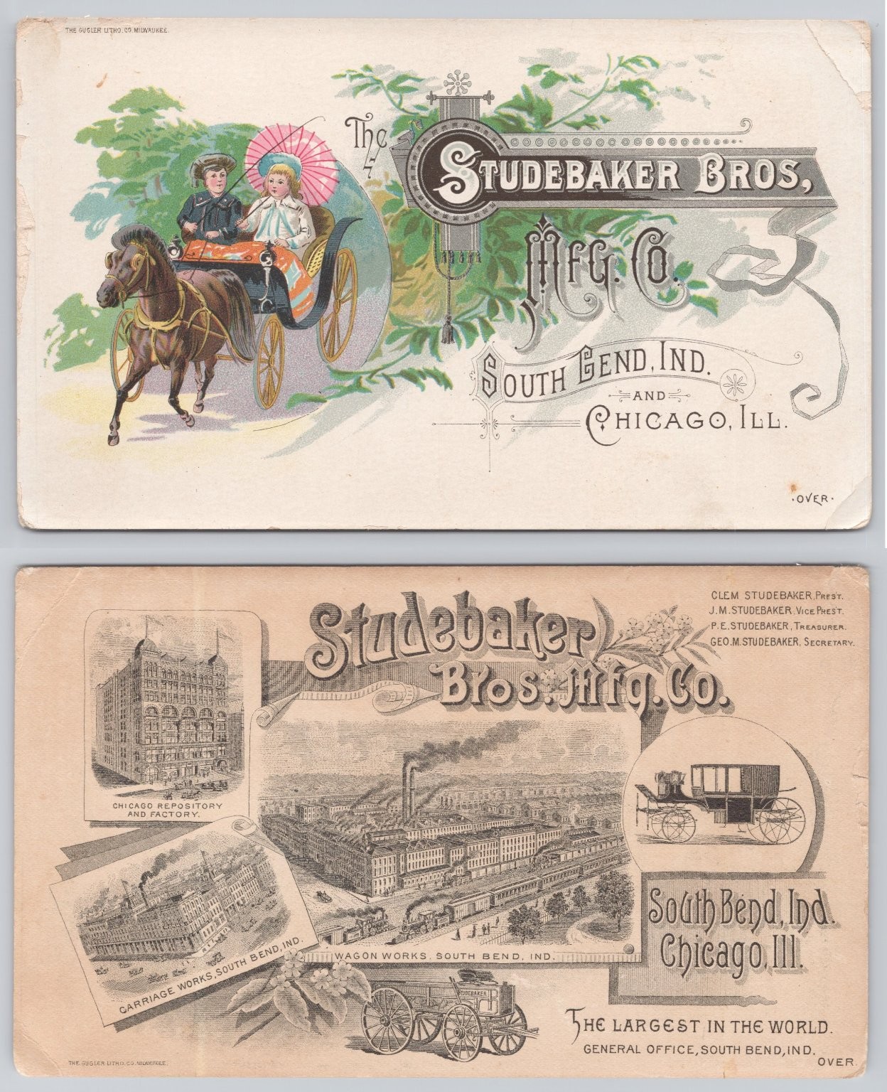 Antique Studebaker Bros Wagon Carriage Ad Postcard South Bend Chicago Lithograph