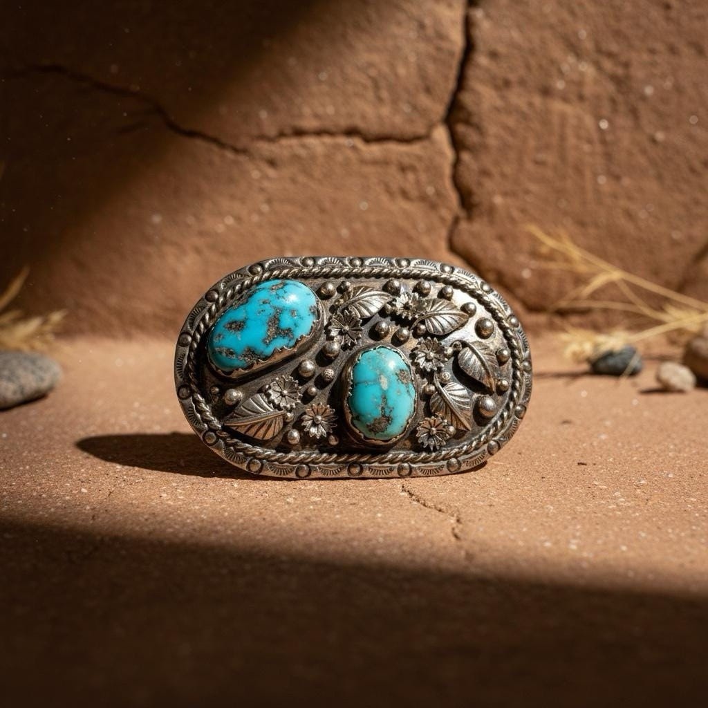 Southwestern Native Sterling Buckle Signed “ME” W/ English Bridle Handmade Belt